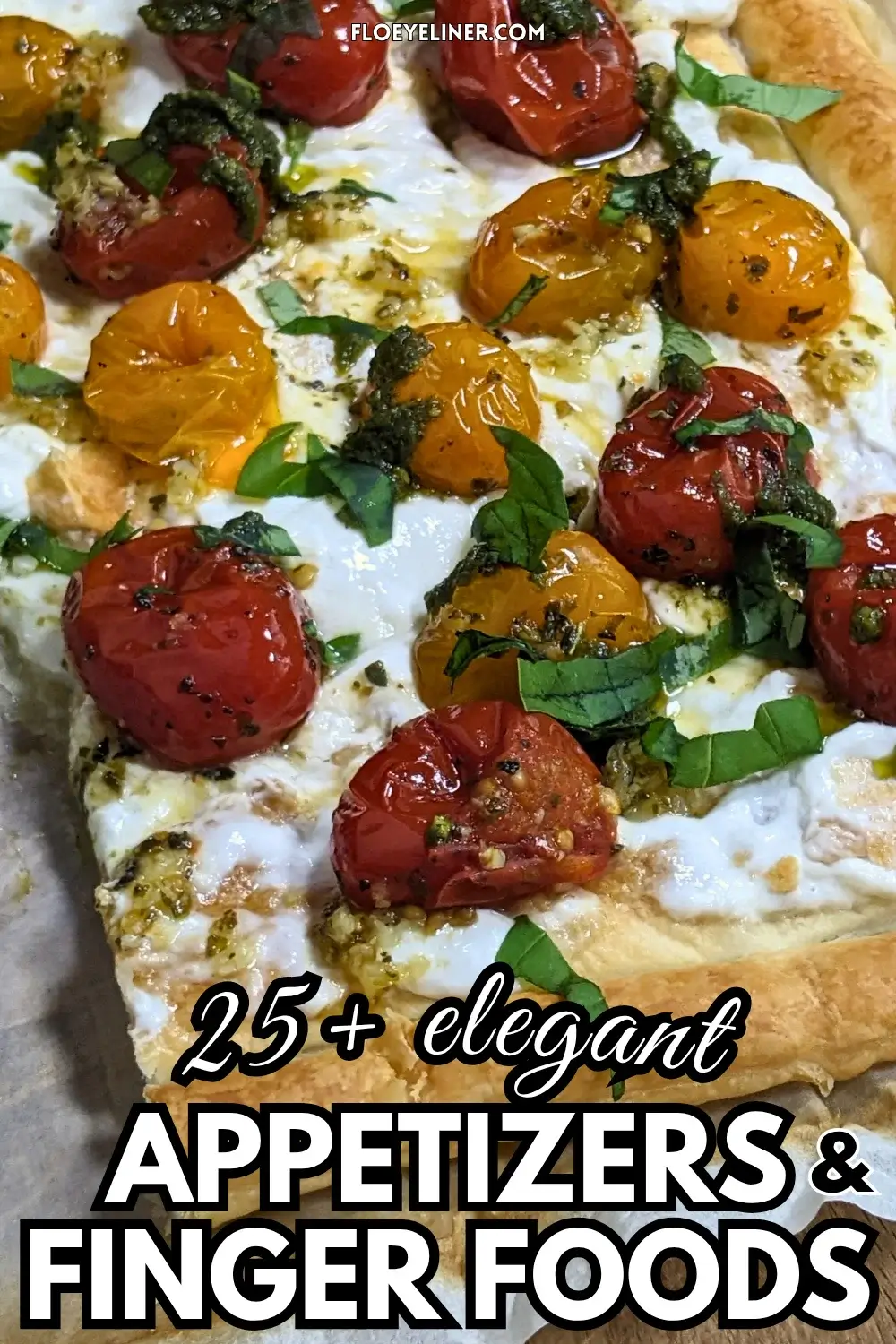Cherry Tomato And Burrata Appetizer With Puff Pastry - Cherry tomato and burrata tart made with puff pastry, pesto, and fresh shredded basil, cut into individual servings.
