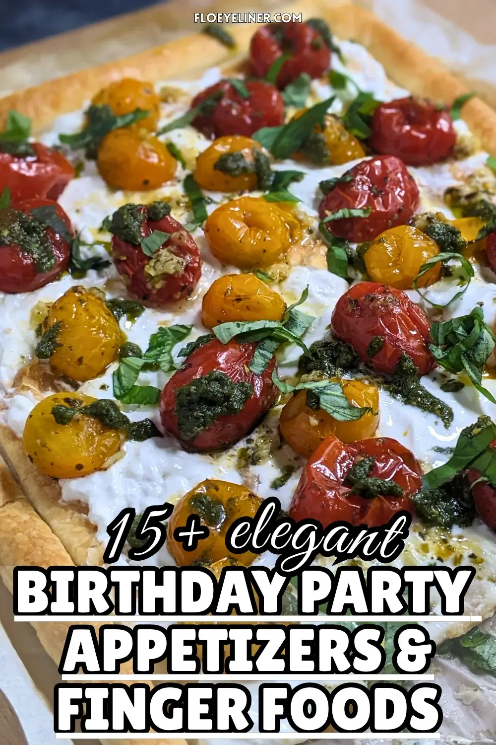 Cherry Tomato And Burrata Appetizer With Puff Pastry - Cherry tomato and burrata tart made with puff pastry, pesto, and fresh shredded basil, cut into individual servings.