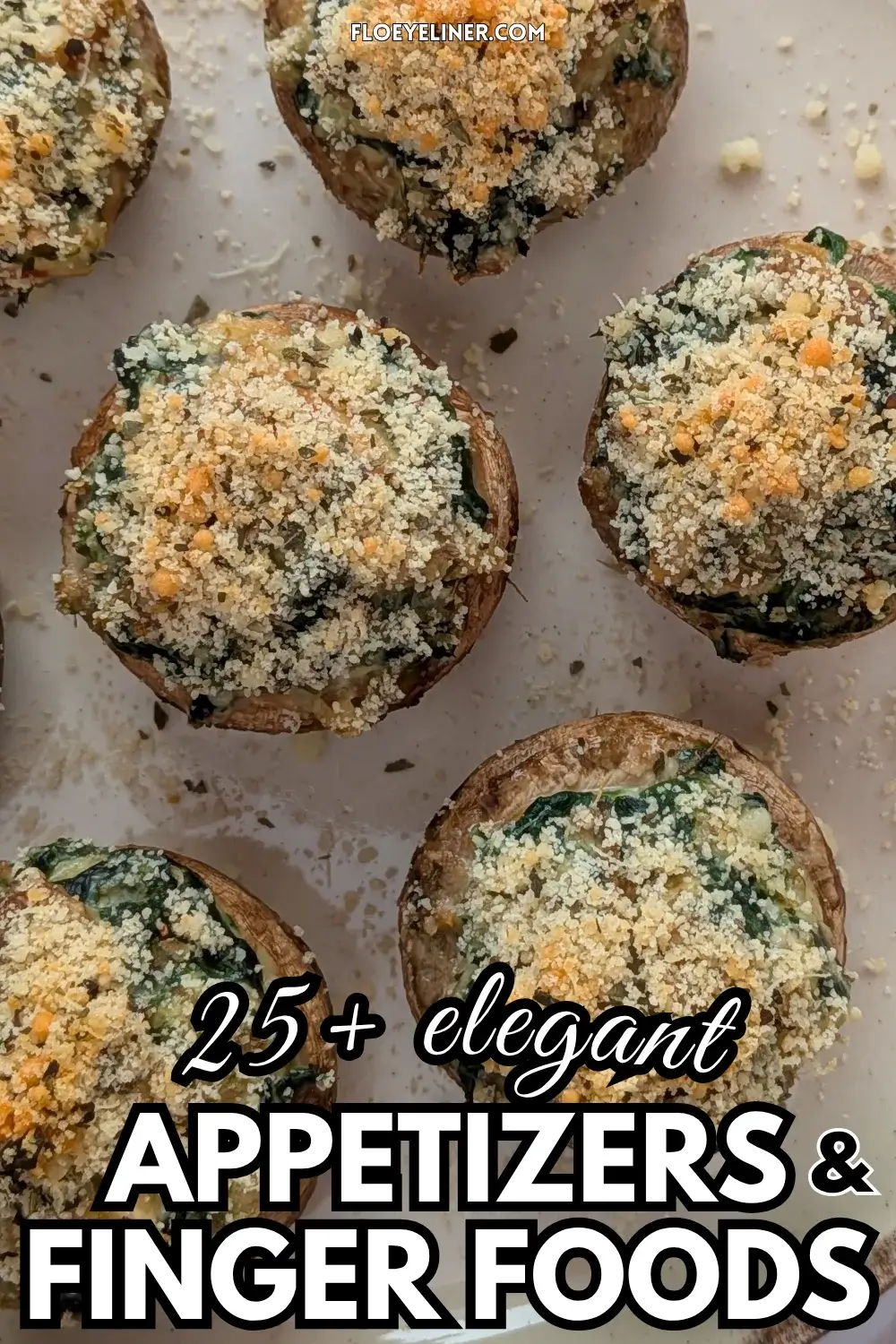 Chicken and Spinach Stuffed Mushrooms - oven-baked white button mushrooms filled with a creamy chicken, spinach, parmesan, and cream cheese filling, topped with dried breadcrumbs.