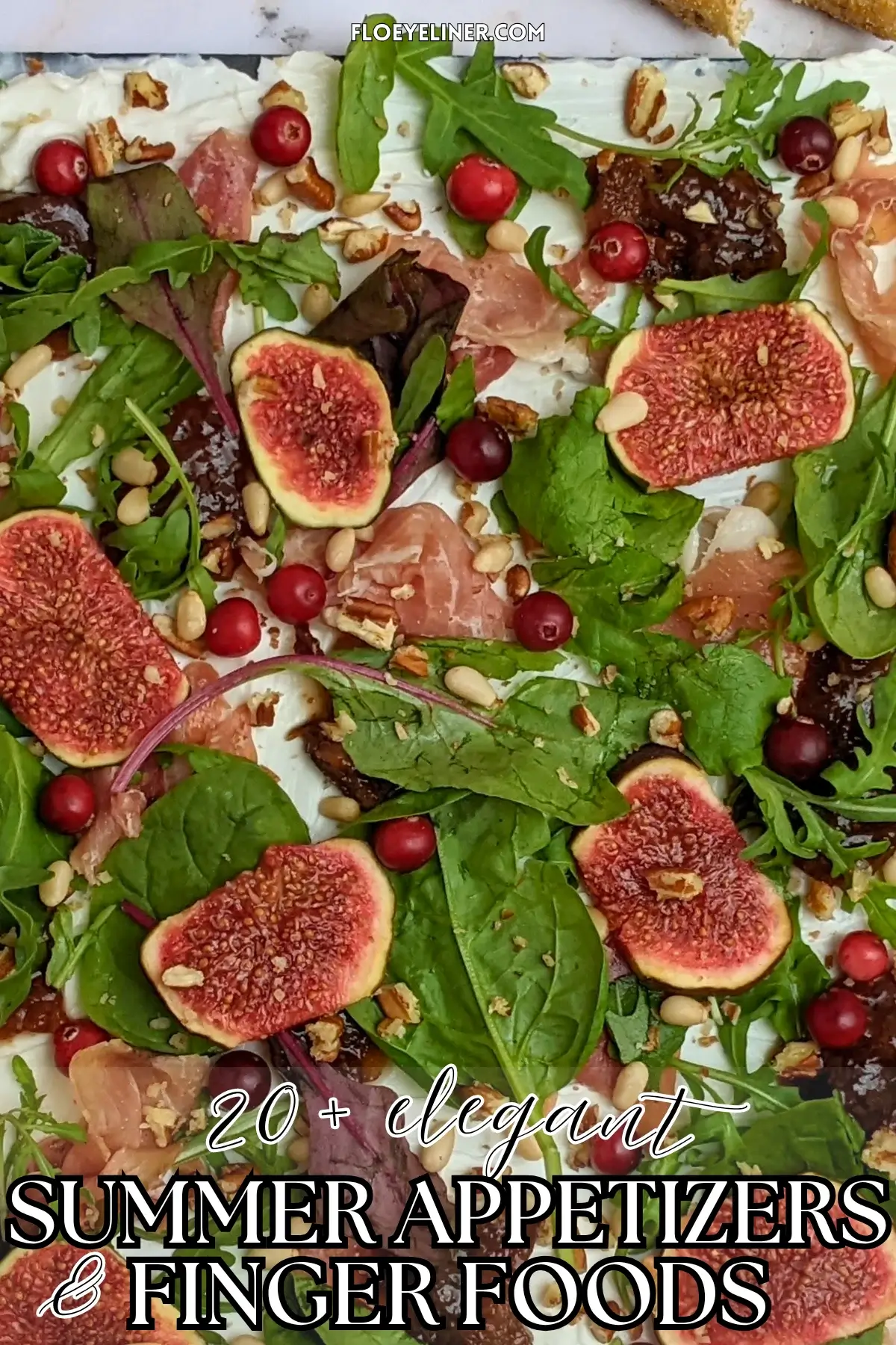 Fig and Goat Cheese Appetizer "Butter" Board With Prosciutto - appetizer board with fresh figs, fig jam, prosciutto, and crunchy toppings sprinkled over a whipped goat cheese spread on a party platter.