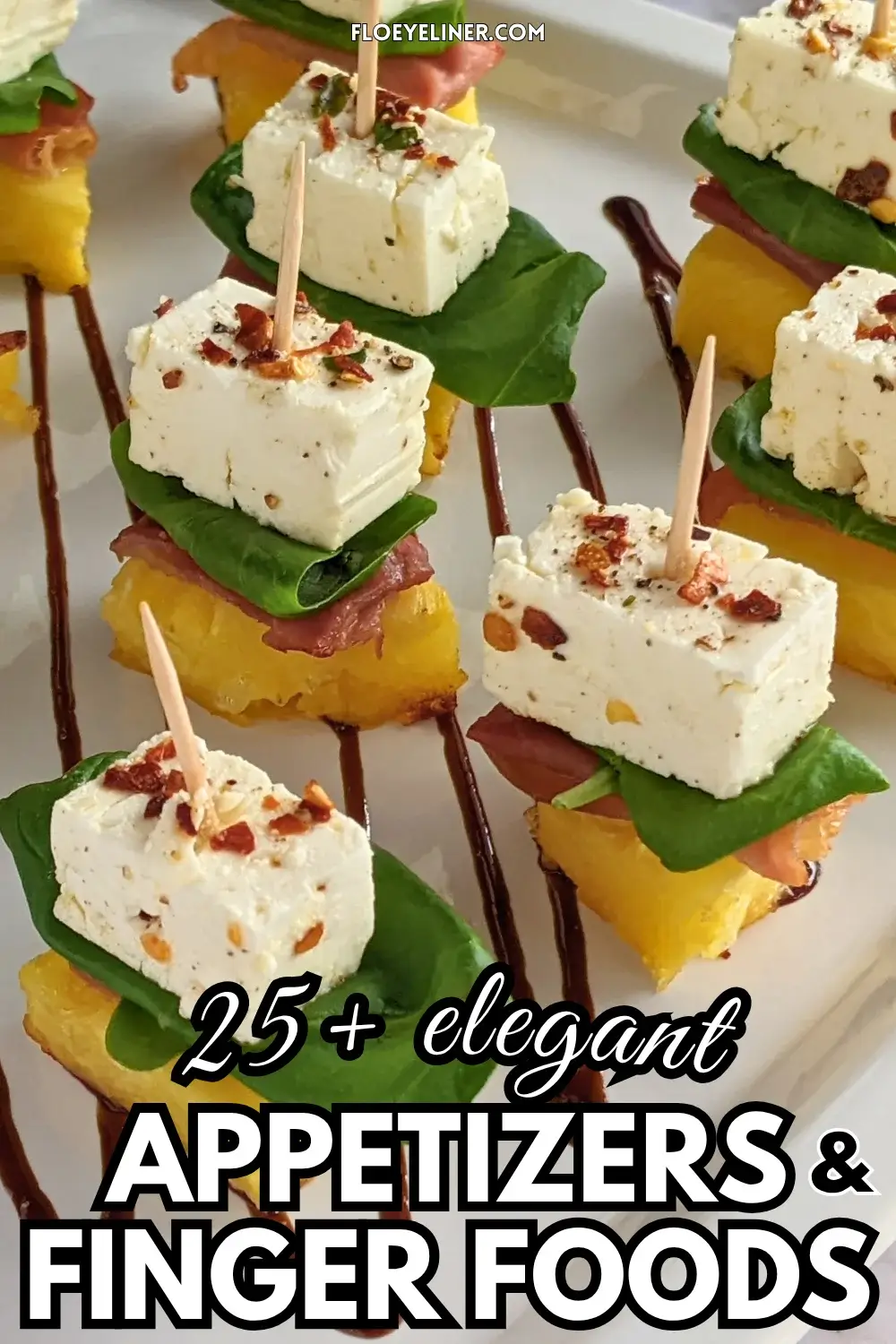Grilled Pineapple and Marinated Feta Toothpick Appetizers - colorful fruit and cheese skewers made with fresh basil leaves nestled between prosciutto topped grilled pineapple and chili-thyme oil marinated feta cubes on toothpicks.