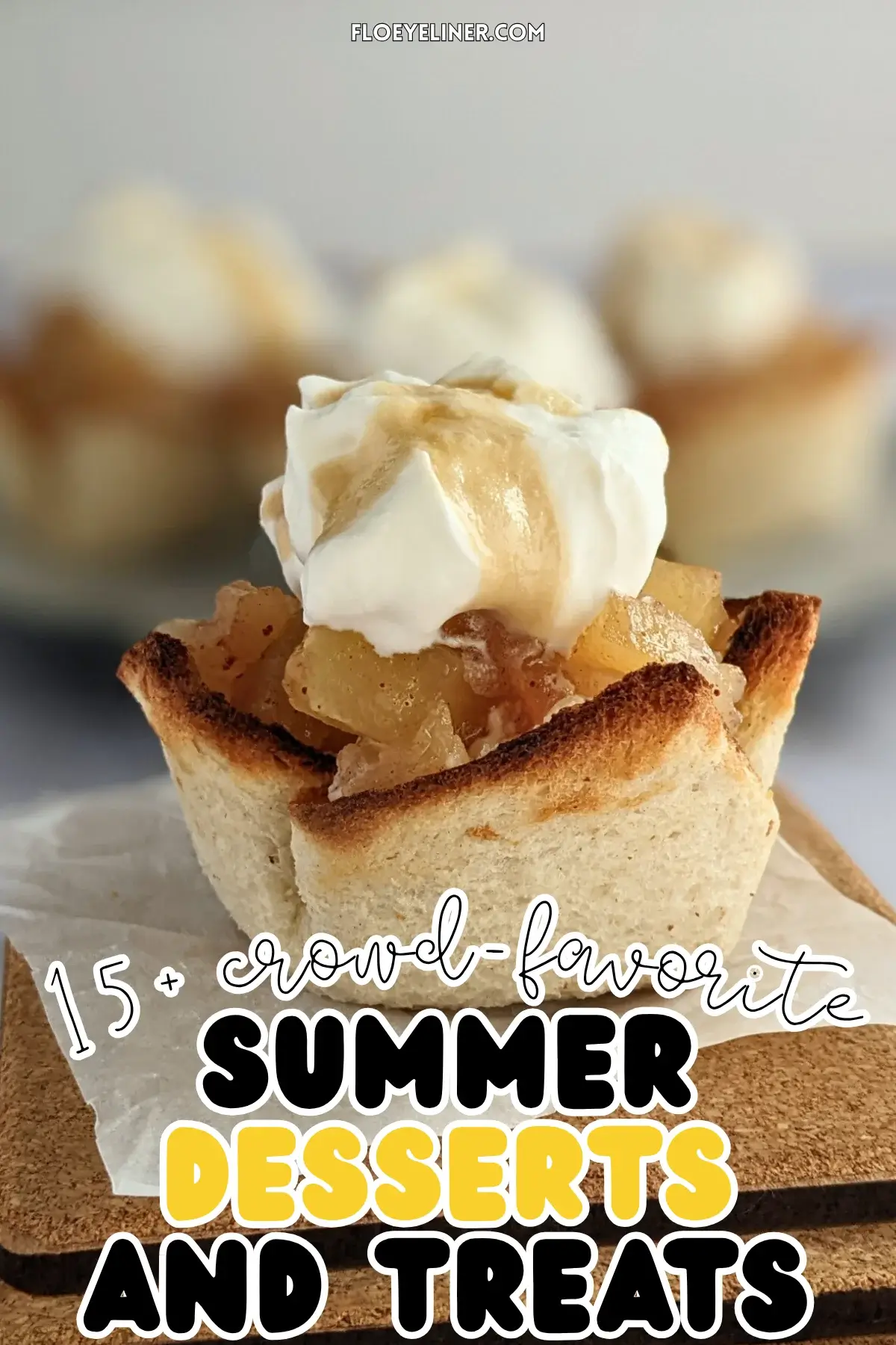 Homemade apple sauce dessert toast cups with whipped cream - Toasted bread cups filled with creamy ricotta, applesauce and finished with a swirl of whipped cream.