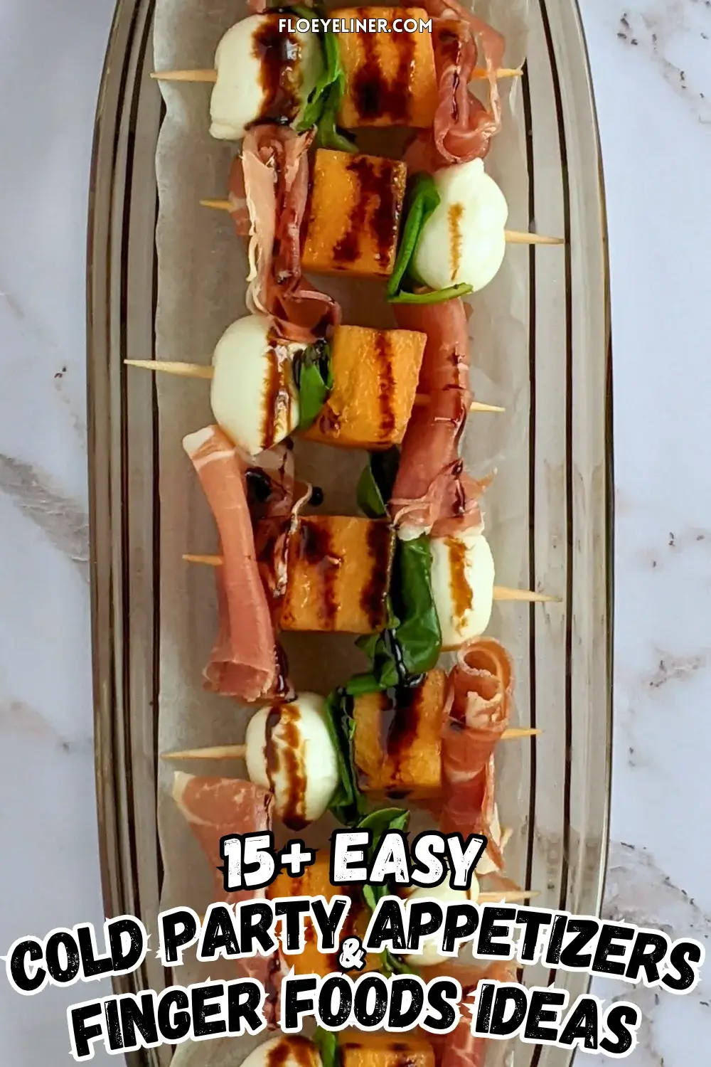 Melon Prosciutto Mozzarella Skewers With Balsamic Glaze - easy toothpick appetizers and finger foods made with melon, prosciutto & mini mozzarella balls, topped with a balsamic glaze.