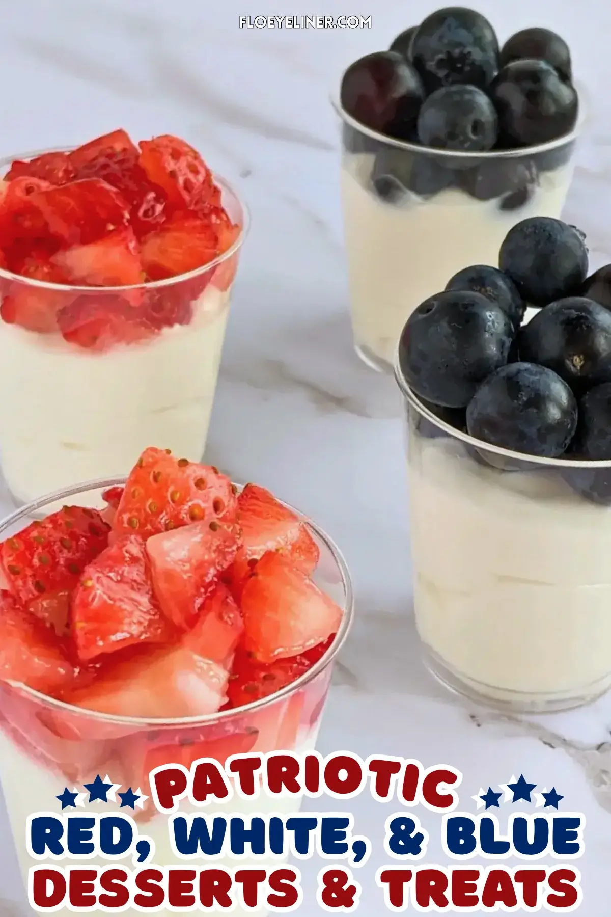 Mini Dessert Shooters With Blueberries and Strawberries - easy mini desserts in shot glasses with a layer of mascarpone and Greek yogurt filling and topped with either fresh strawberries or blueberries.