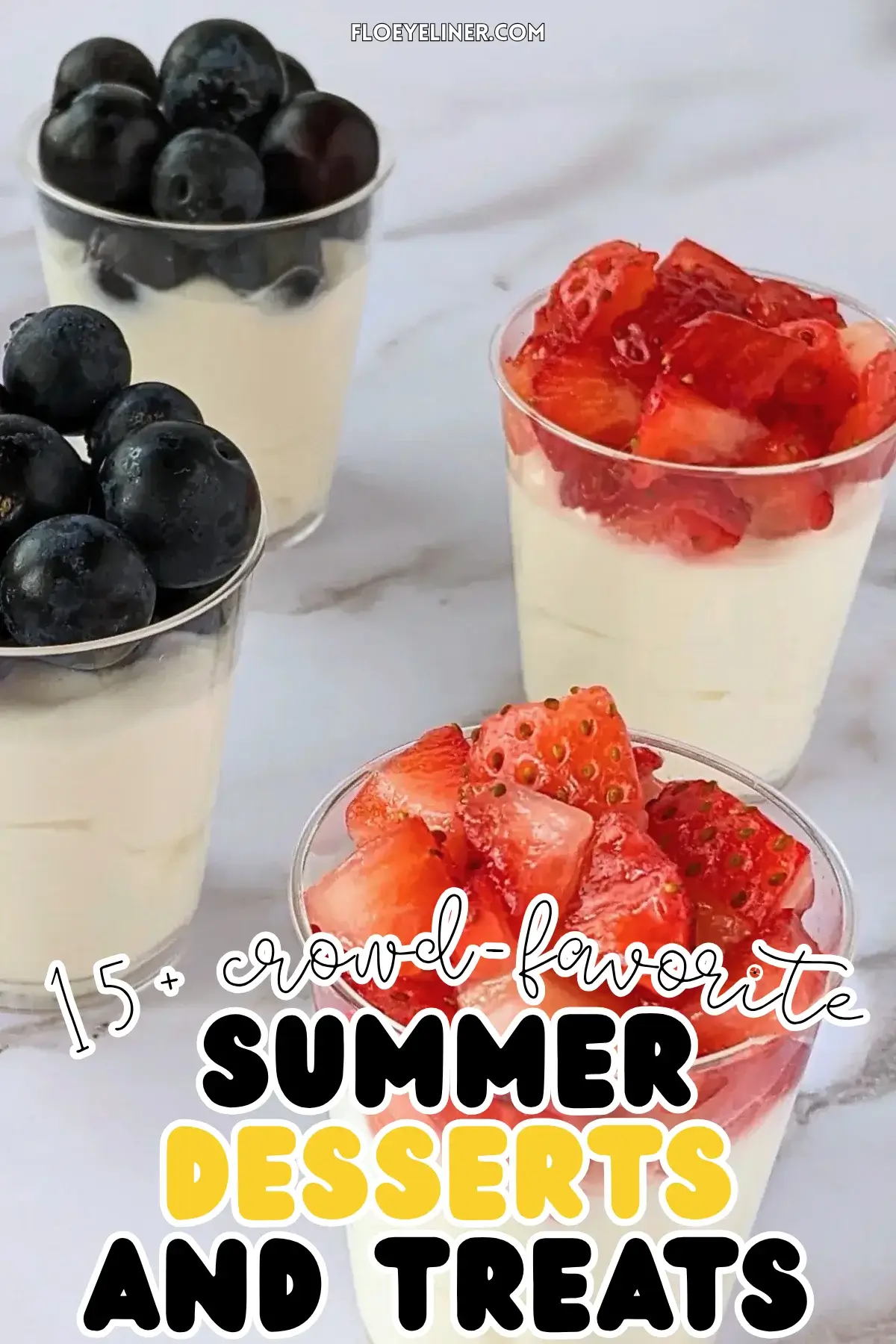 Mini Dessert Shooters With Blueberries and Strawberries - easy mini desserts in shot glasses with a layer of mascarpone and Greek yogurt filling and topped with either fresh strawberries or blueberries.