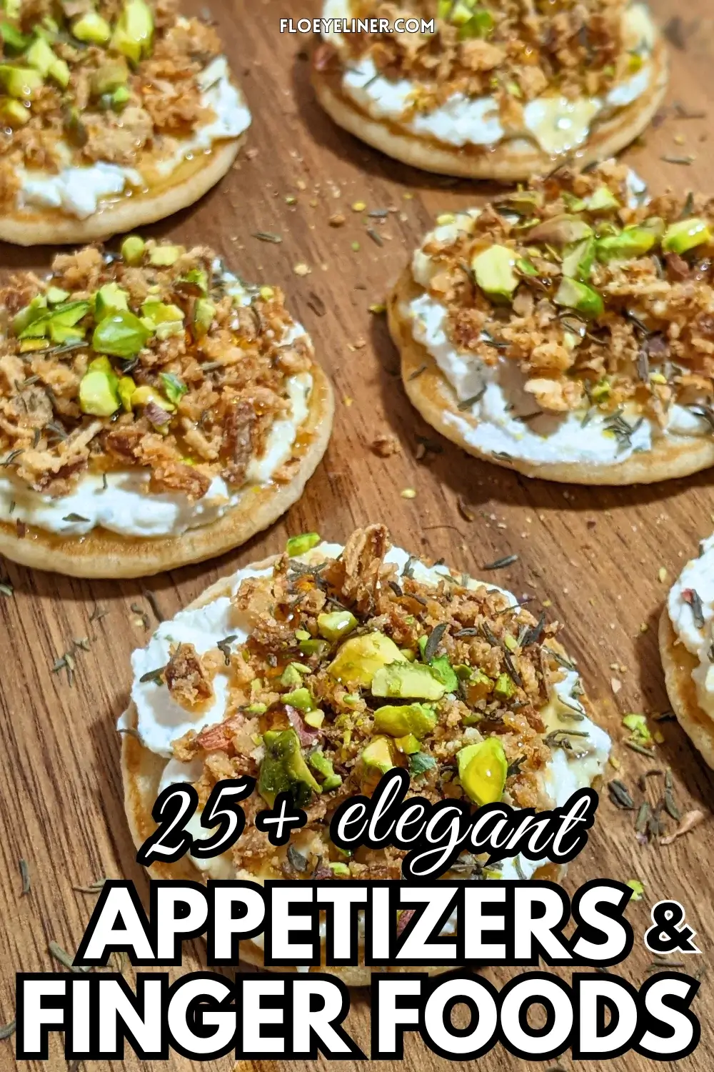 Mini Pancake Bites With Dried Onions - savory mini pancake canapes topped with a creamy herb-and-garlic cream cheese spread, crispy dried onions, maple syrup, and crushed pistachios for garnish.