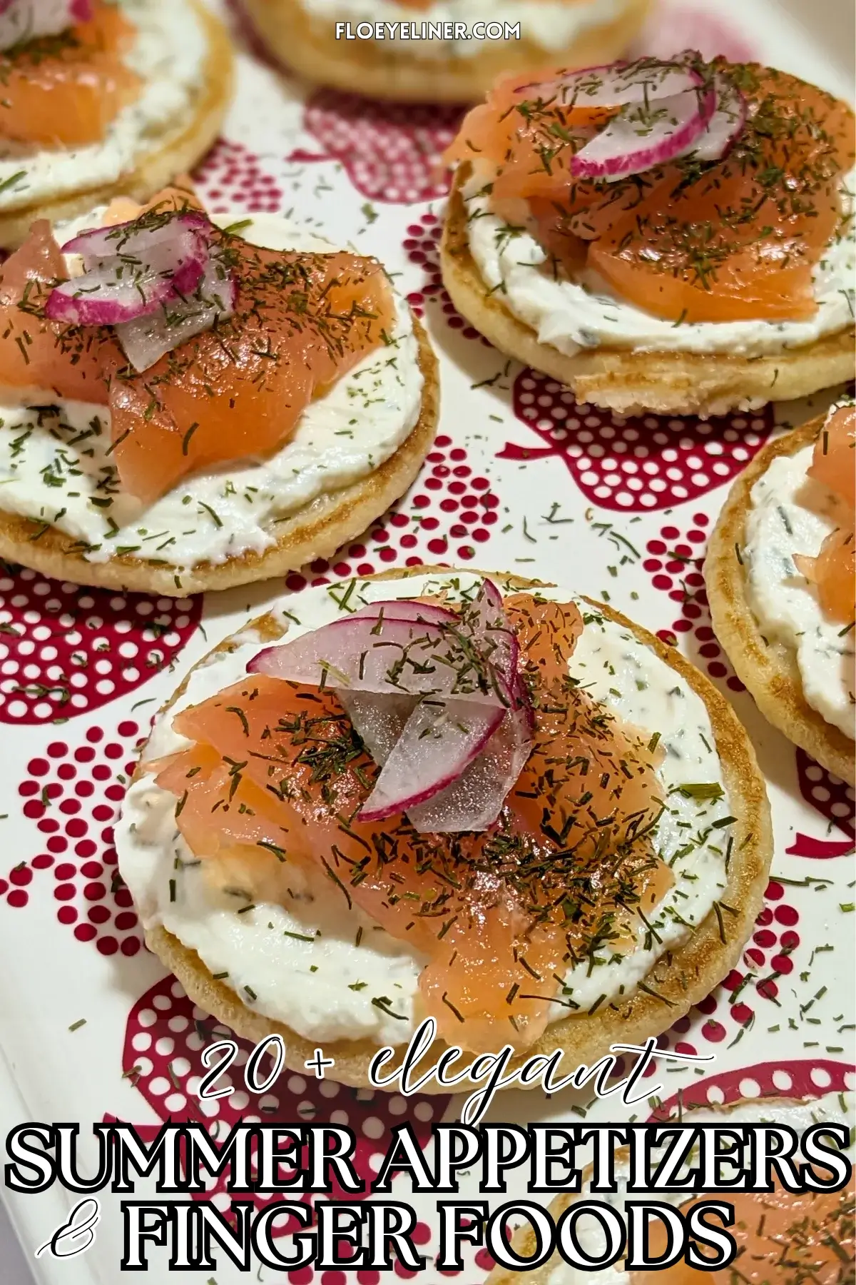 Mini Pancake Smoked Salmon Appetizers - savory mini pancake canapes topped with a creamy lemon-dill cream cheese spread, pieces of smoked salmon, and radish slices for garnish.