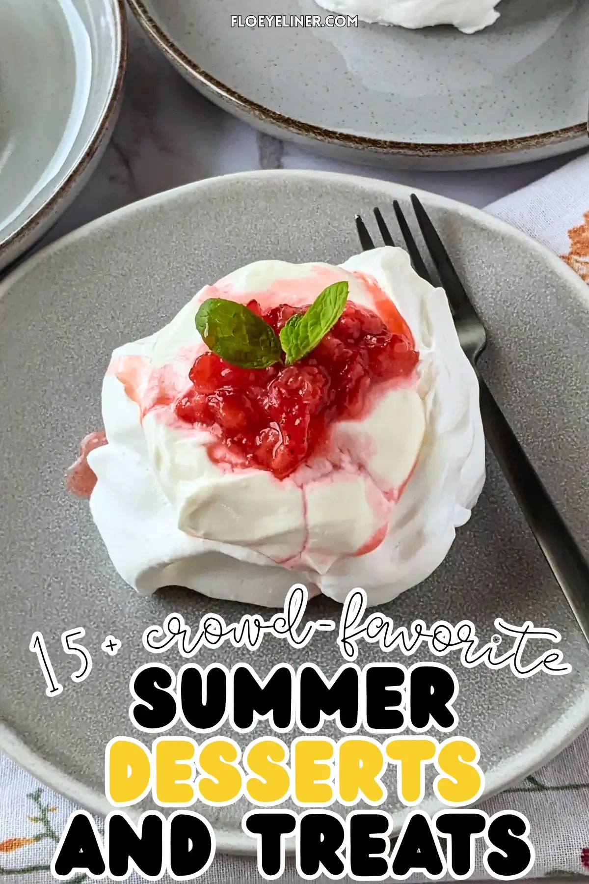 Mini Strawberry Pavlovas With Whipped Greek Yogurt - mini pavlova nests filled with freshly crushed strawberries and a whipped cream-Greek yogurt mix, topped with more crushed strawberries and strawberry juice for garnish.