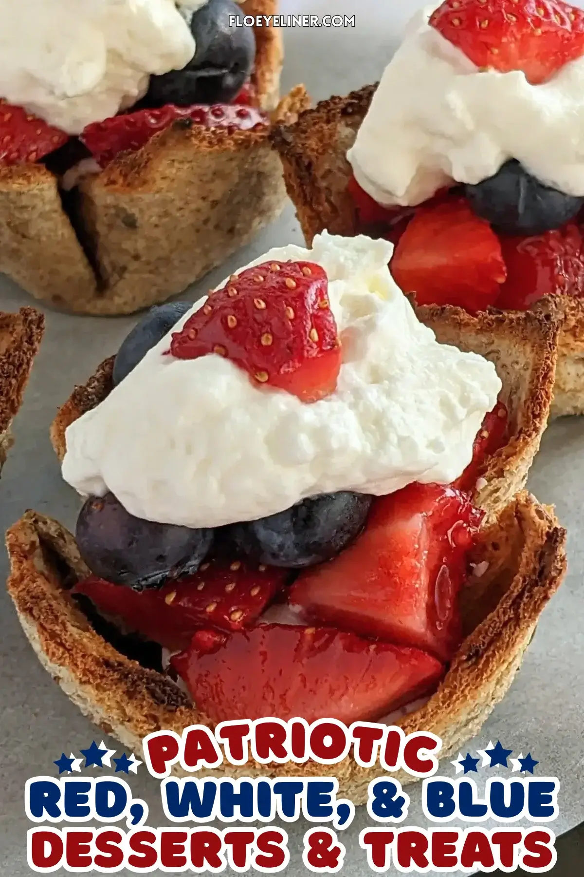 Mixed Berry Dessert Toast Cups With Whipped Cream - muffin-tin baked mini dessert cups made from white bread, filled with a spoon of sweet ricotta and mixed berries like strawberries and blueberries, topped with whipped cream. 