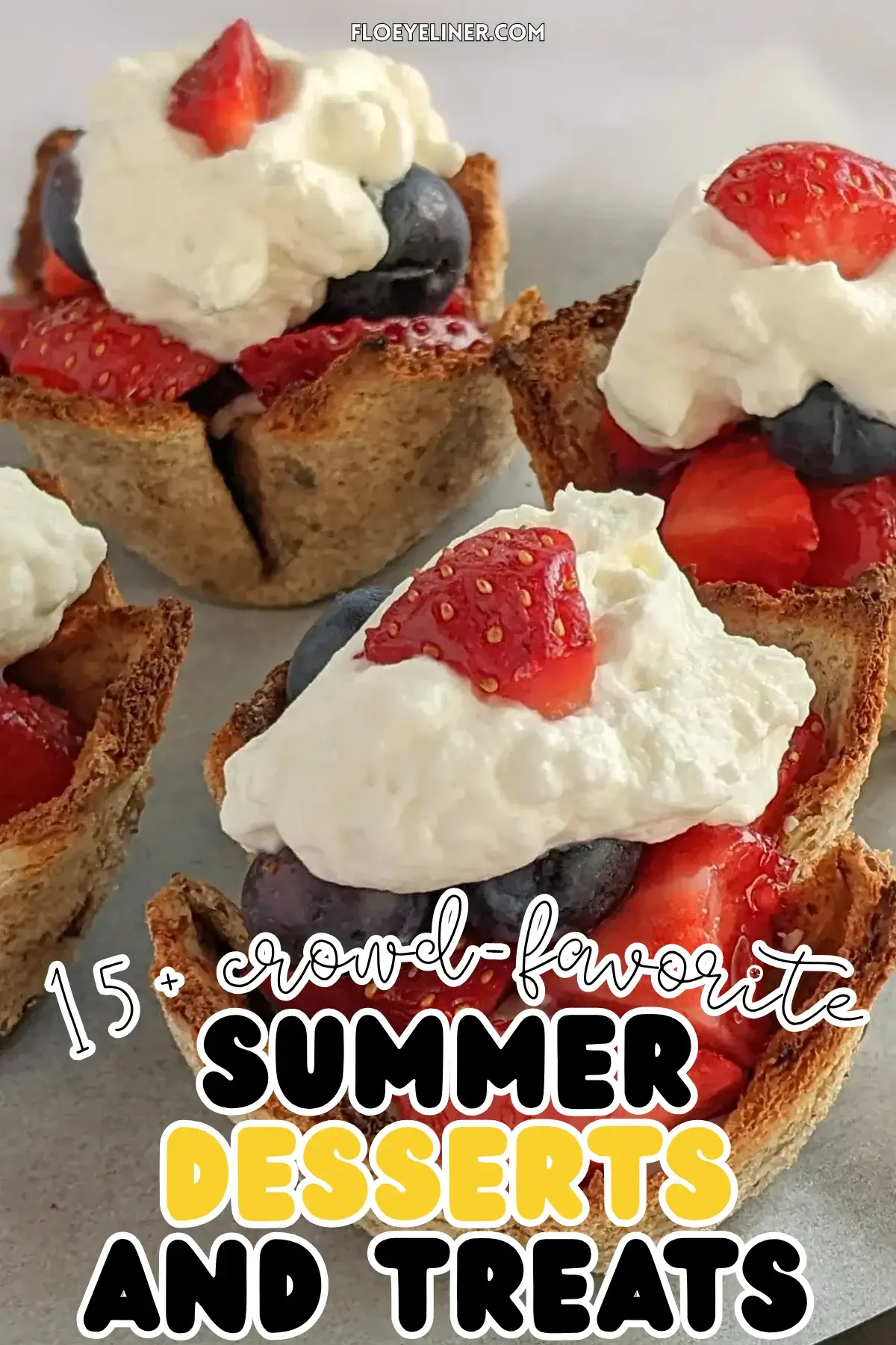 Mixed Berry Dessert Toast Cups With Whipped Cream - muffin-tin baked mini dessert cups made from white bread, filled with a spoon of sweet ricotta and mixed berries like strawberries and blueberries, topped with whipped cream.