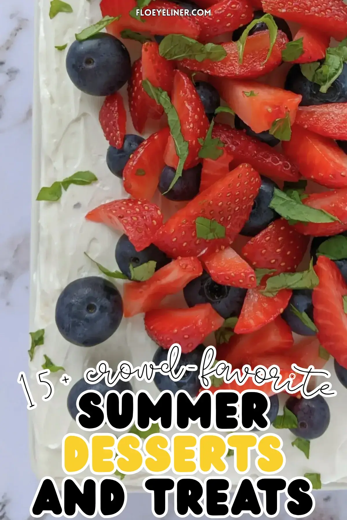 Mixed Berry Layer Cake With Mascarpone Greek Yogurt Frosting - triple-layer sponge cake with a blueberry-strawberry filling and mascarpone-Greek yogurt frosting, topped with fresh strawberries and blueberries.