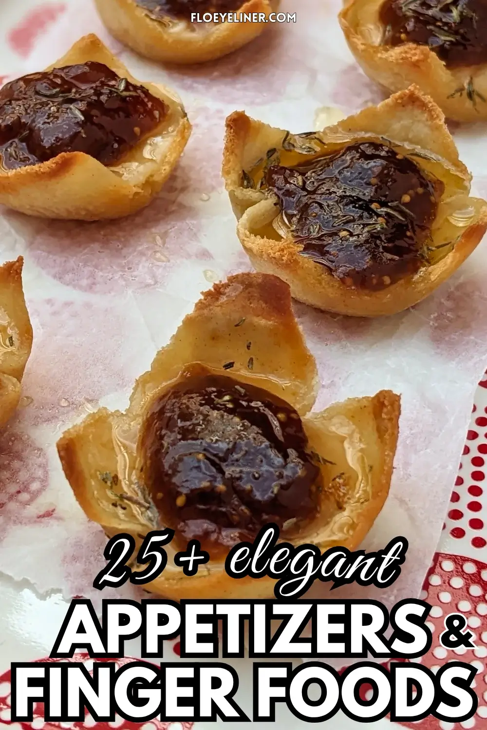 Parmesan cheese and fig jam appetizer bites - mini bread toast cups filled with parmesan cheese, topped with fig jam and a honey-dryed thyme drizzle.