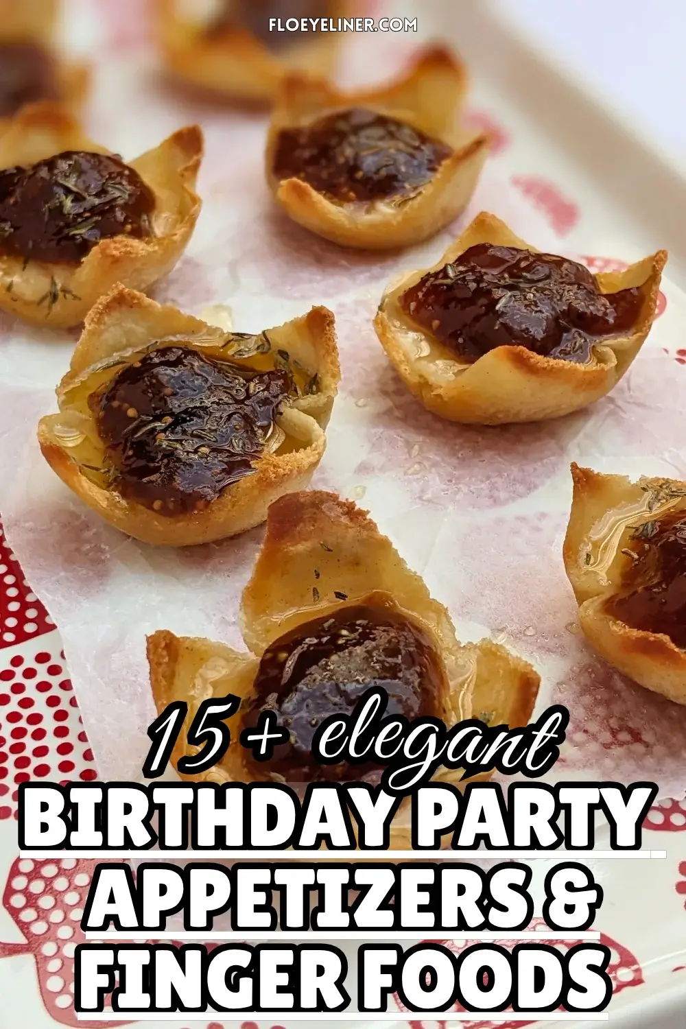 Parmesan cheese and fig jam appetizer bites - mini bread toast cups filled with parmesan cheese, topped with fig jam and a honey-dryed thyme drizzle.