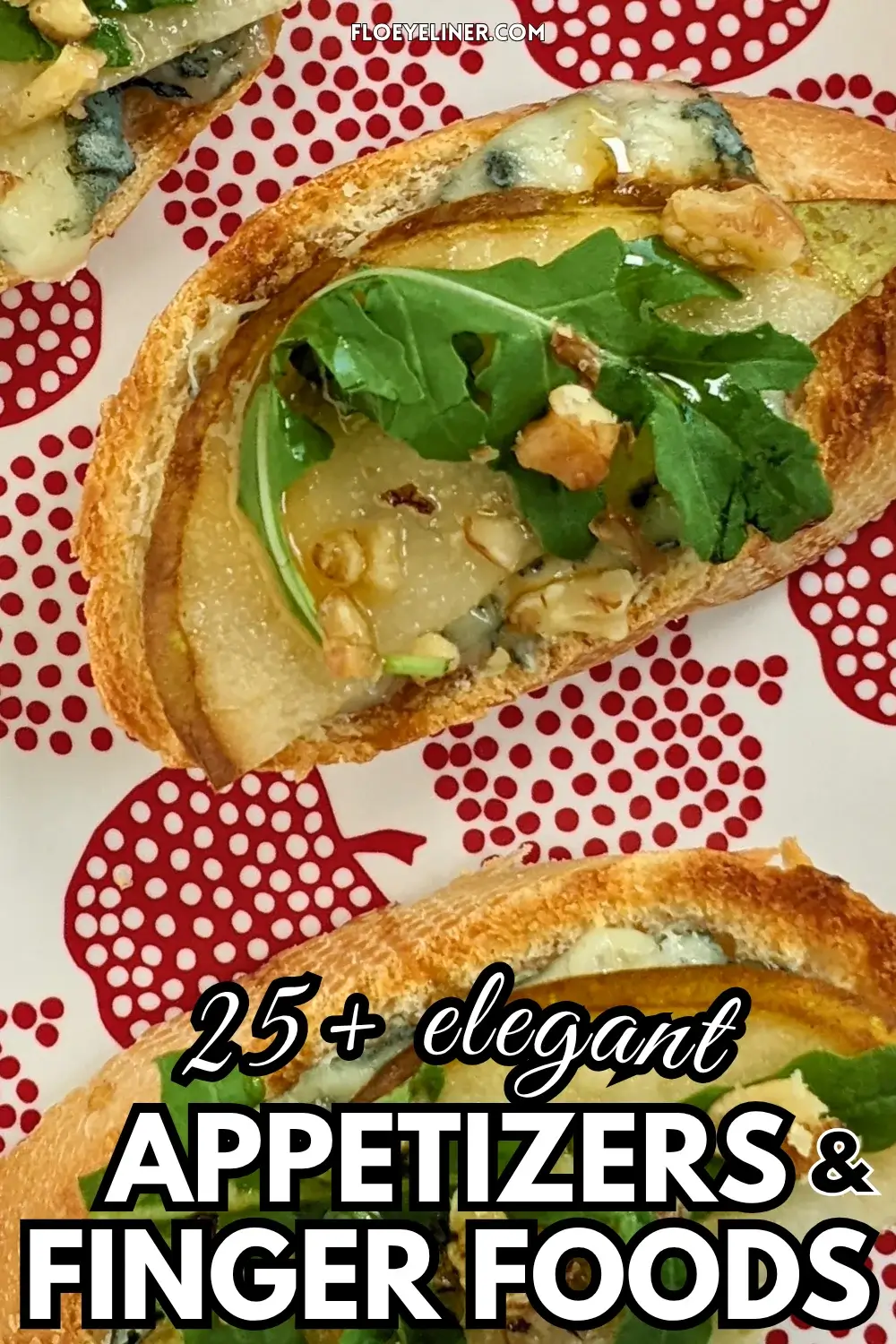 Pear and Blue Cheese Crostini Appetizers - Crostini appetizers with pear and blue cheese, topped with arugula, crushed walnuts, and maple syrup.