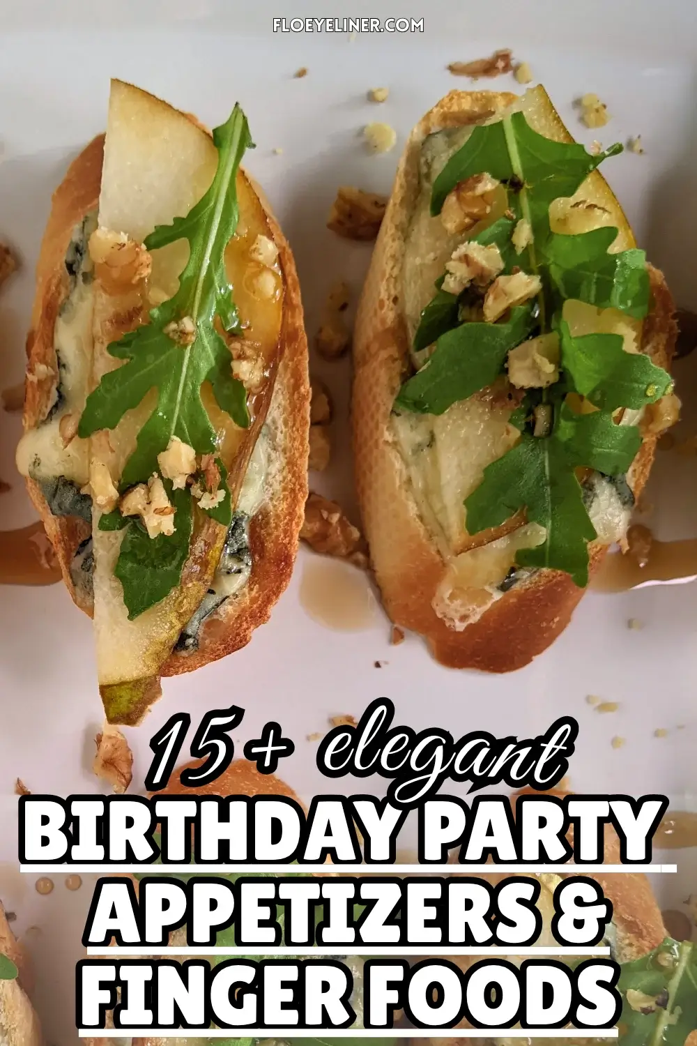 Pear and Blue Cheese Crostini Appetizers - Crostini appetizers with pear and blue cheese, topped with arugula, crushed walnuts, and maple syrup.