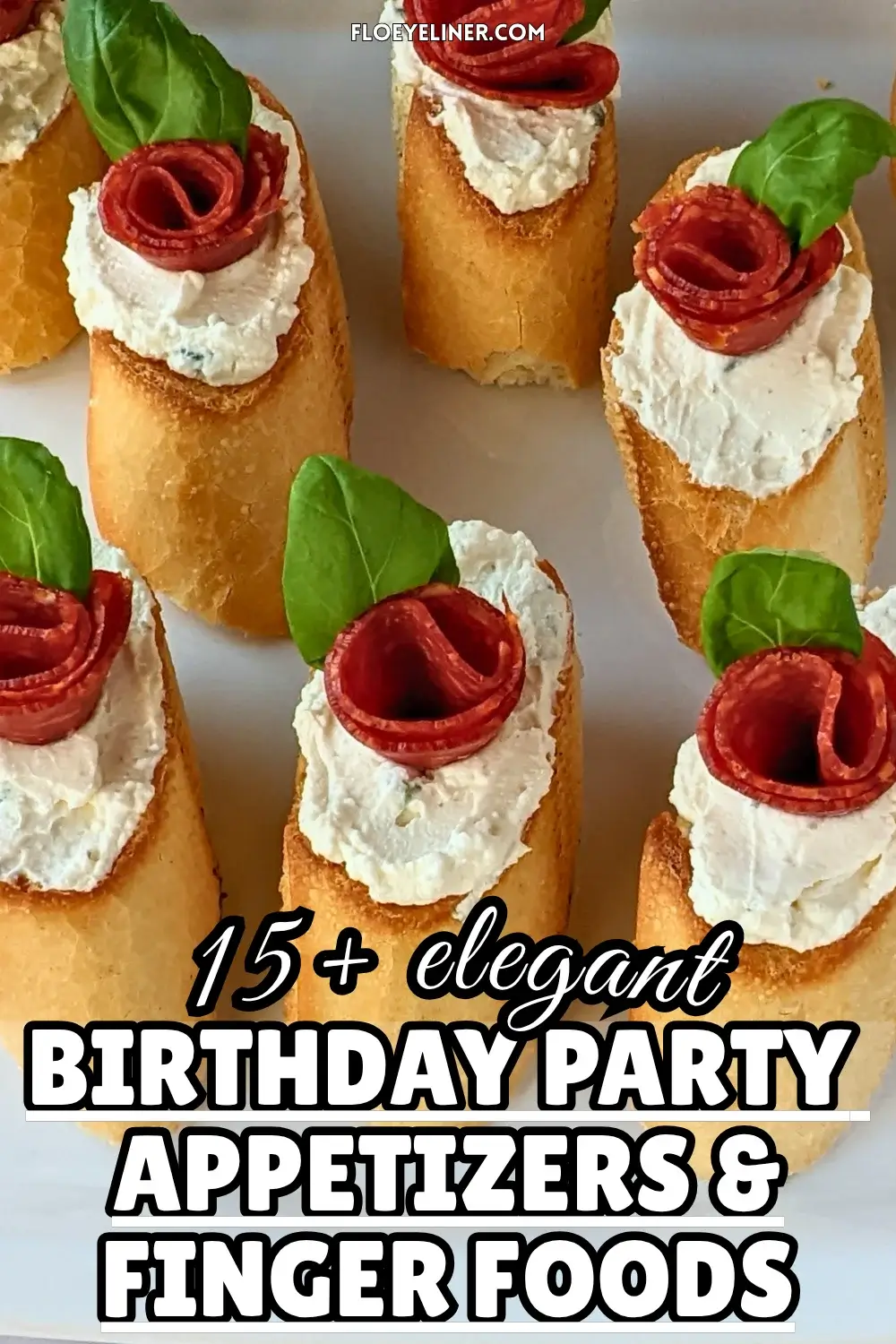 Pepperoni Rose Crostini Appetizers - oven-baked crostini toasts topped with homemade dried onion-fresh thyme cream cheese, slices of pepperoni rolled into roses, and fresh basil leaves for rose leaves.