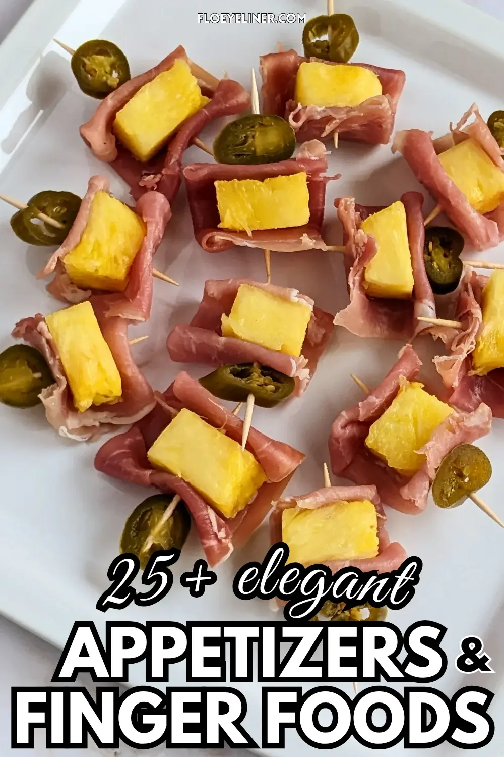 Pineapple and Prosciutto Toothpick Appetizers With Jalapenos - elegant party bites made with prosciutto wrapped fresh pineapple chunks and pickled jalapeno slices on toothpicks.