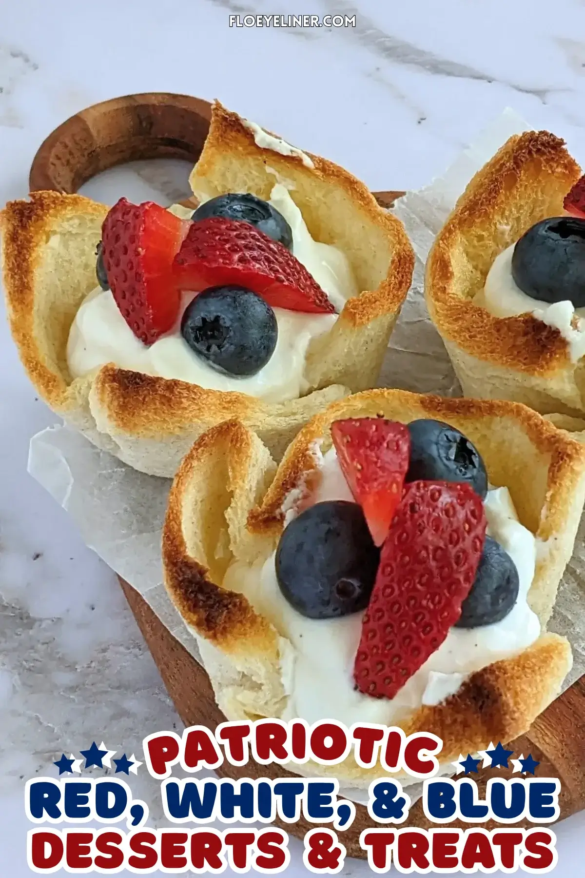 Ricotta and Mixed Berry Dessert Toast Cups - muffin-tin baked mini dessert cups made from white bread, filled with sweet ricotta and topped with fresh mixed berries like strawberries and blueberries.