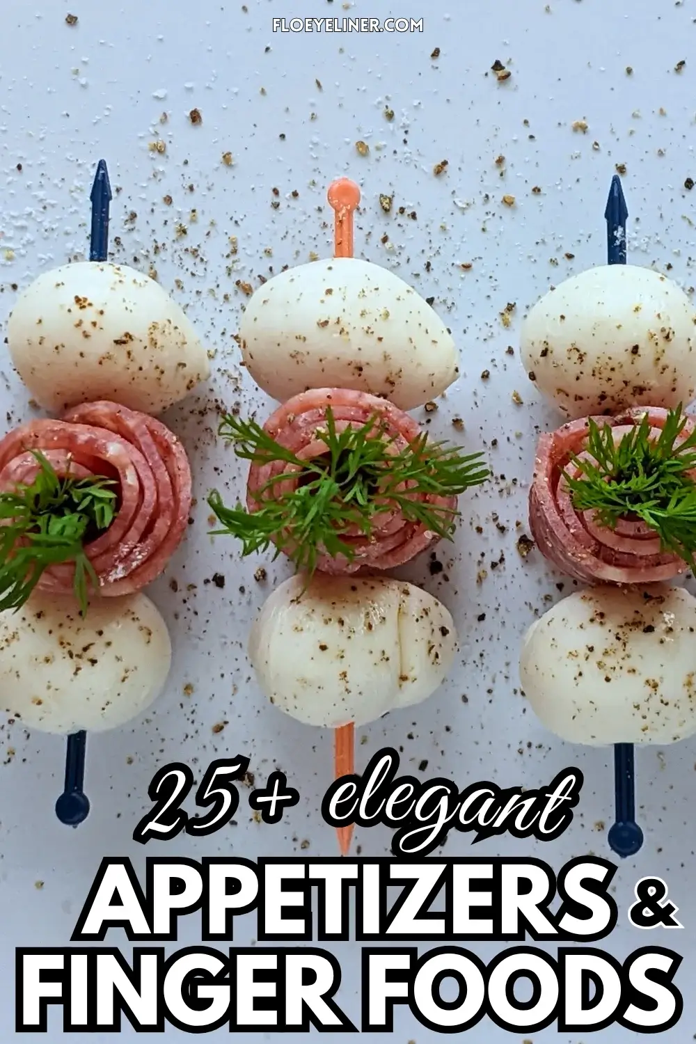 Salami Rose and Mozzarella Toothpick Appetizers - easy party finger food on toothpicks made with slices of salami rolled up into roses and mini mozzarella balls.