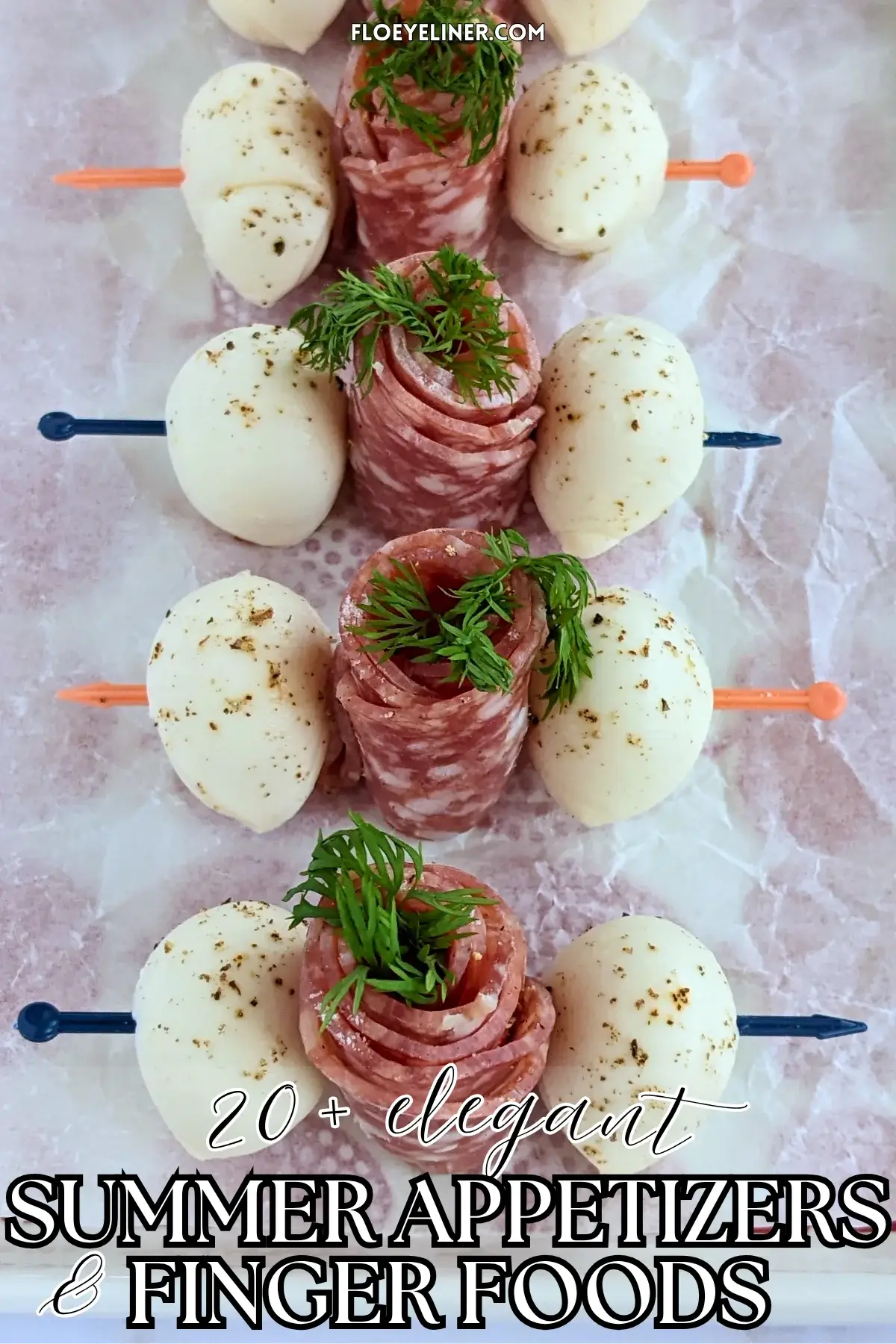 Salami Rose and Mozzarella Toothpick Appetizers - easy party finger food on toothpicks made with slices of salami rolled up into roses and mini mozzarella balls.