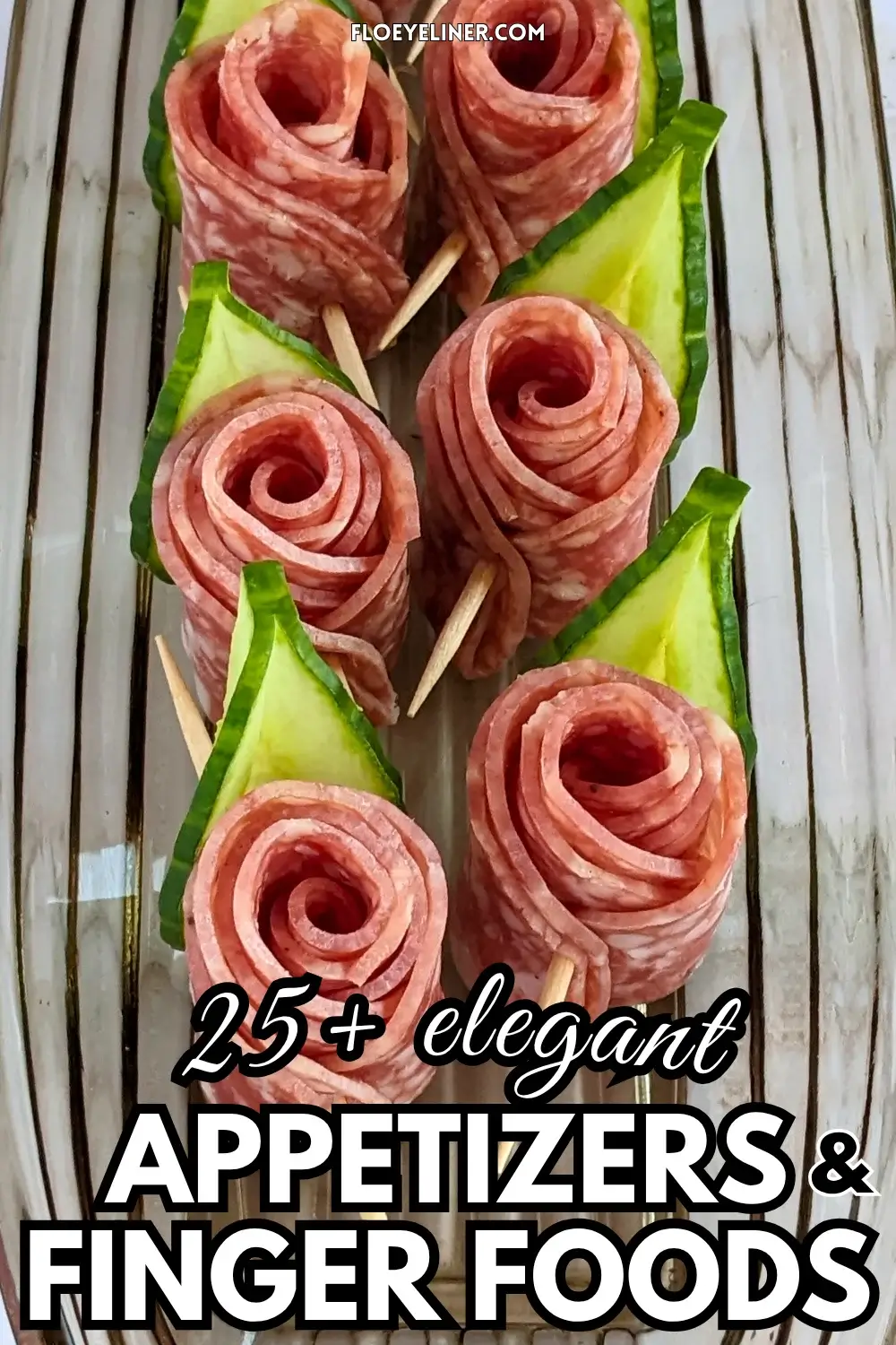 Salami Rose Toothpick Appetizers - easy and elegant party finger food on toothpicks made with slices of salami rolled up into roses and cucumber slices for leaves.
