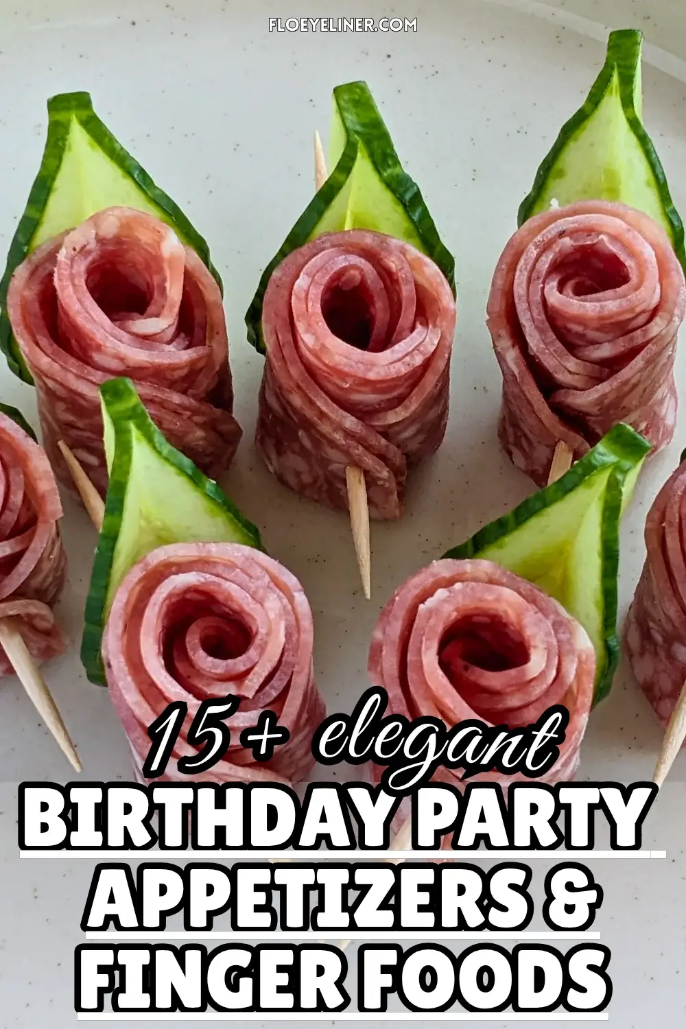 Salami Rose Toothpick Appetizers - easy and elegant party finger food on toothpicks made with slices of salami rolled up into roses and cucumber slices for leaves.