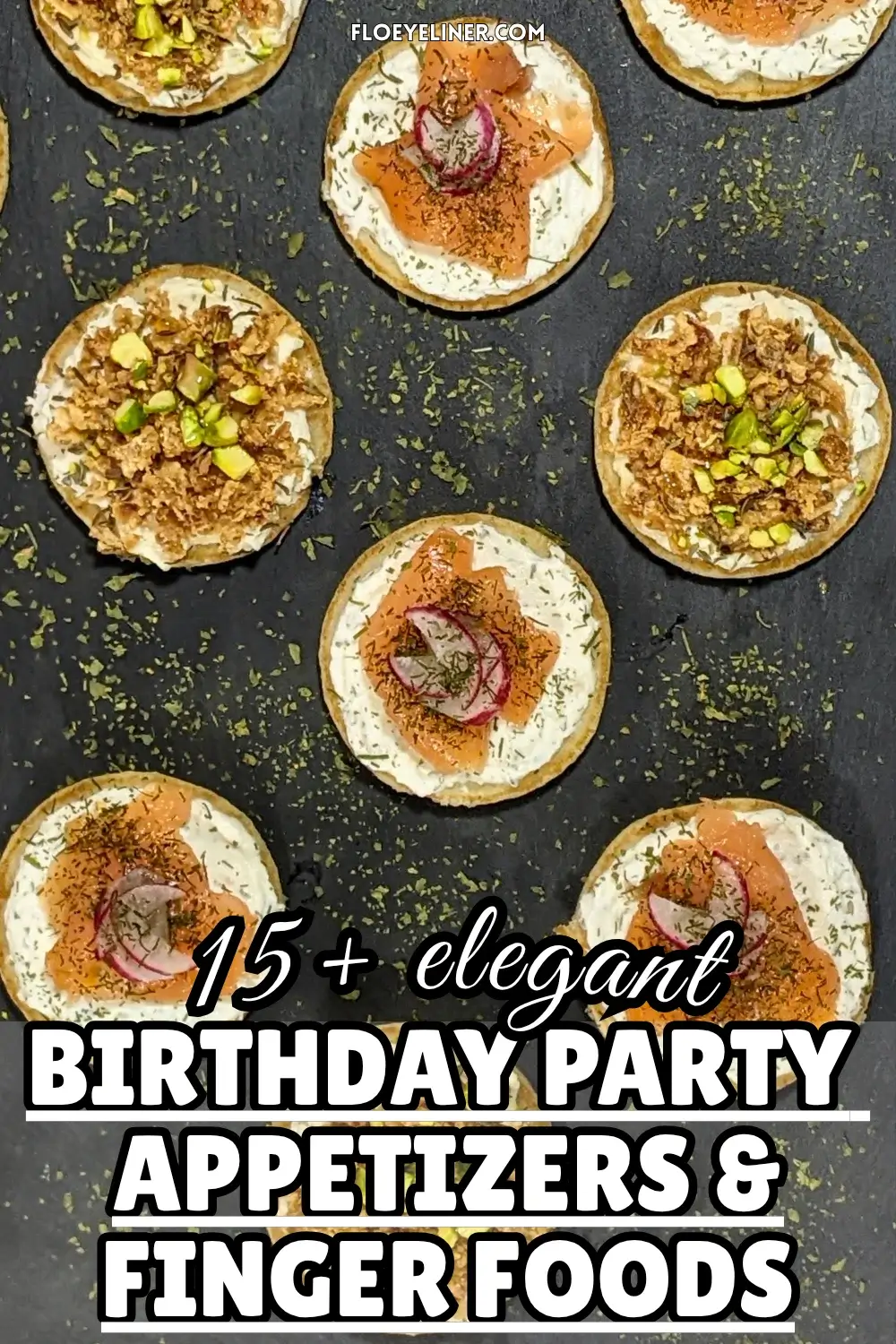 Savory Mini Pancake Appetizer and Snack Board - savory mini pancakes party platter with two types of canapes - mini pancakes topped with a creamy herb-and-garlic cream cheese spread, crispy dried onions, maple syrup, and crushed pistachios and mini pancakes topped with a creamy lemon-dill cream cheese spread, pieces of smoked salmon, and radish slices.