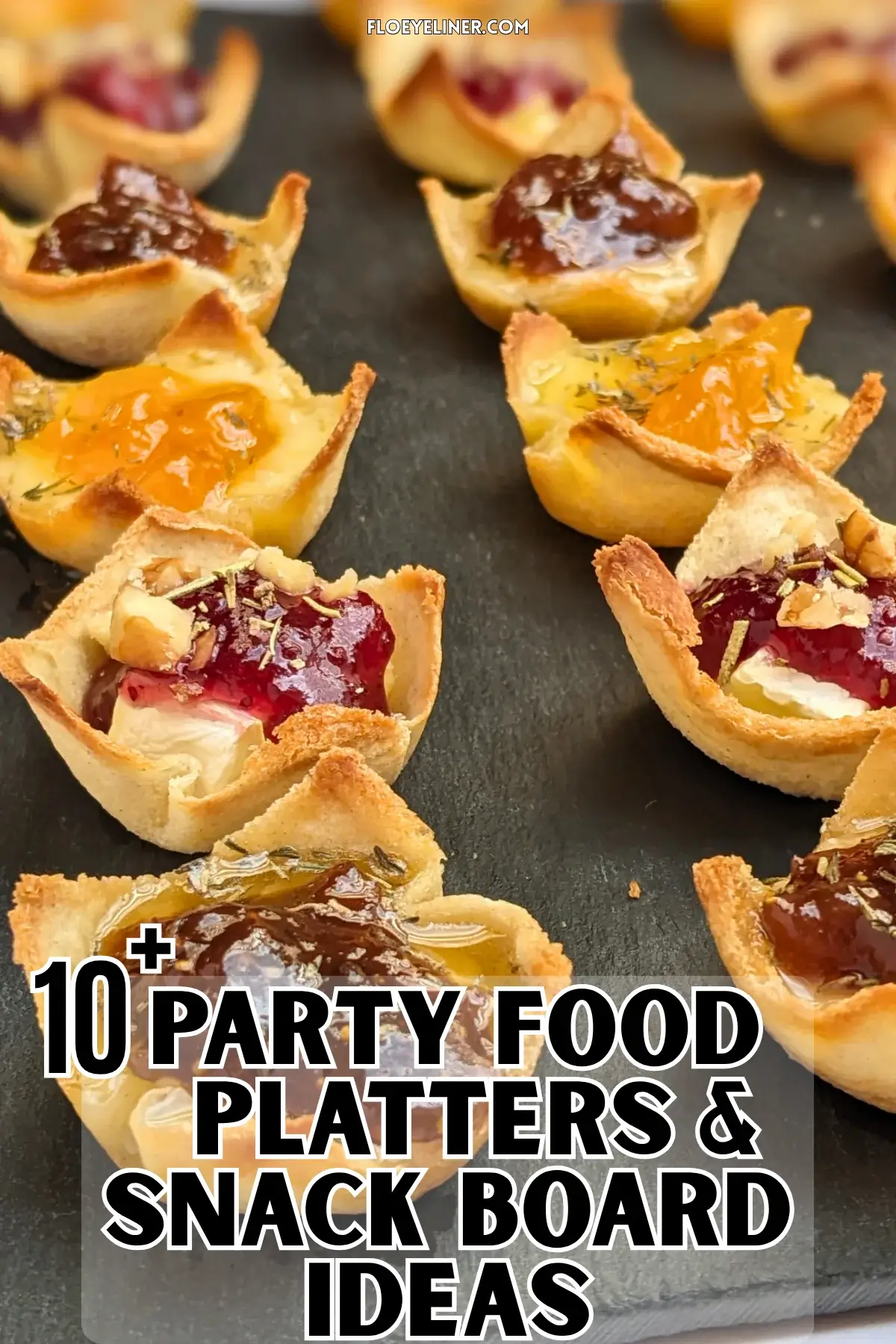 Trio of cheese and jam appetizers in mini toast cups - mini bread toast cups filled with Brie cheese and cranberry jam, Parmesan cheese and fig jam, and cheddar cheese and apricot jam, topped with crushed walnuts and a honey-dried thyme drizzle.