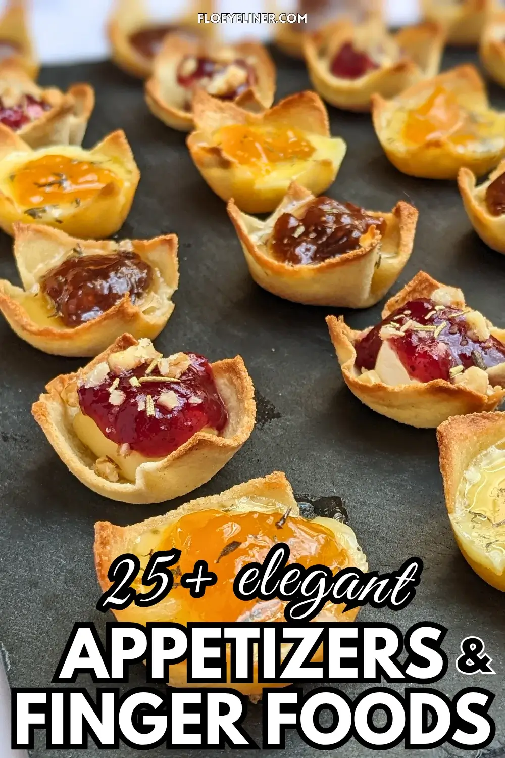Trio of cheese and jam appetizers in mini toast cups - mini bread toast cups filled with Brie cheese and cranberry jam, Parmesan cheese and fig jam, and cheddar cheese and apricot jam, topped with crushed walnuts and a honey-dried thyme drizzle.