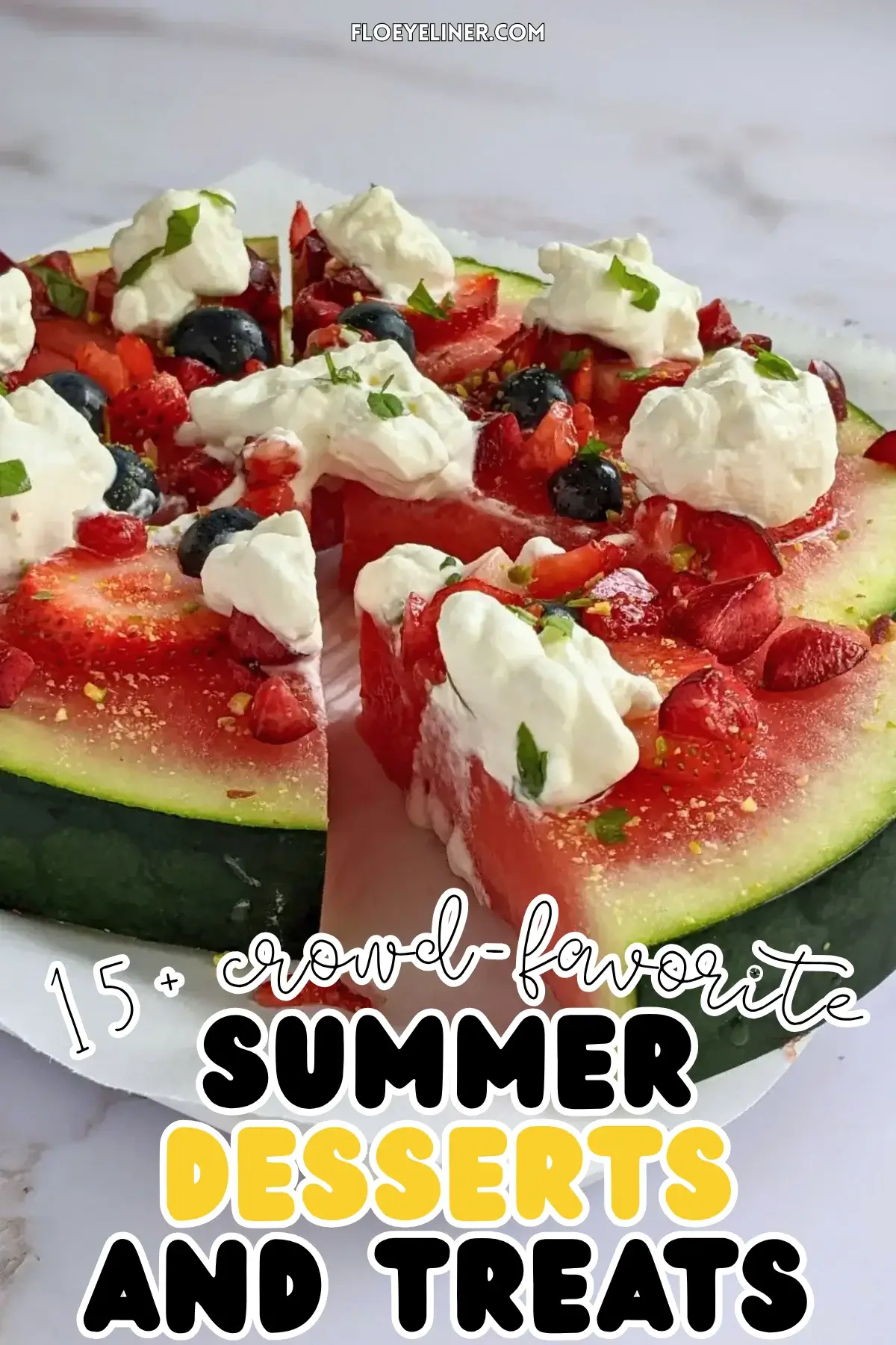 Watermelon Fruit Pizza With Berries and Whipped Cream - fruity dessert pizza on a base of a fresh watermelon slice, topped with blueberries, strawberries, cherries, dollops of whipped cream, and crushed pistachios.