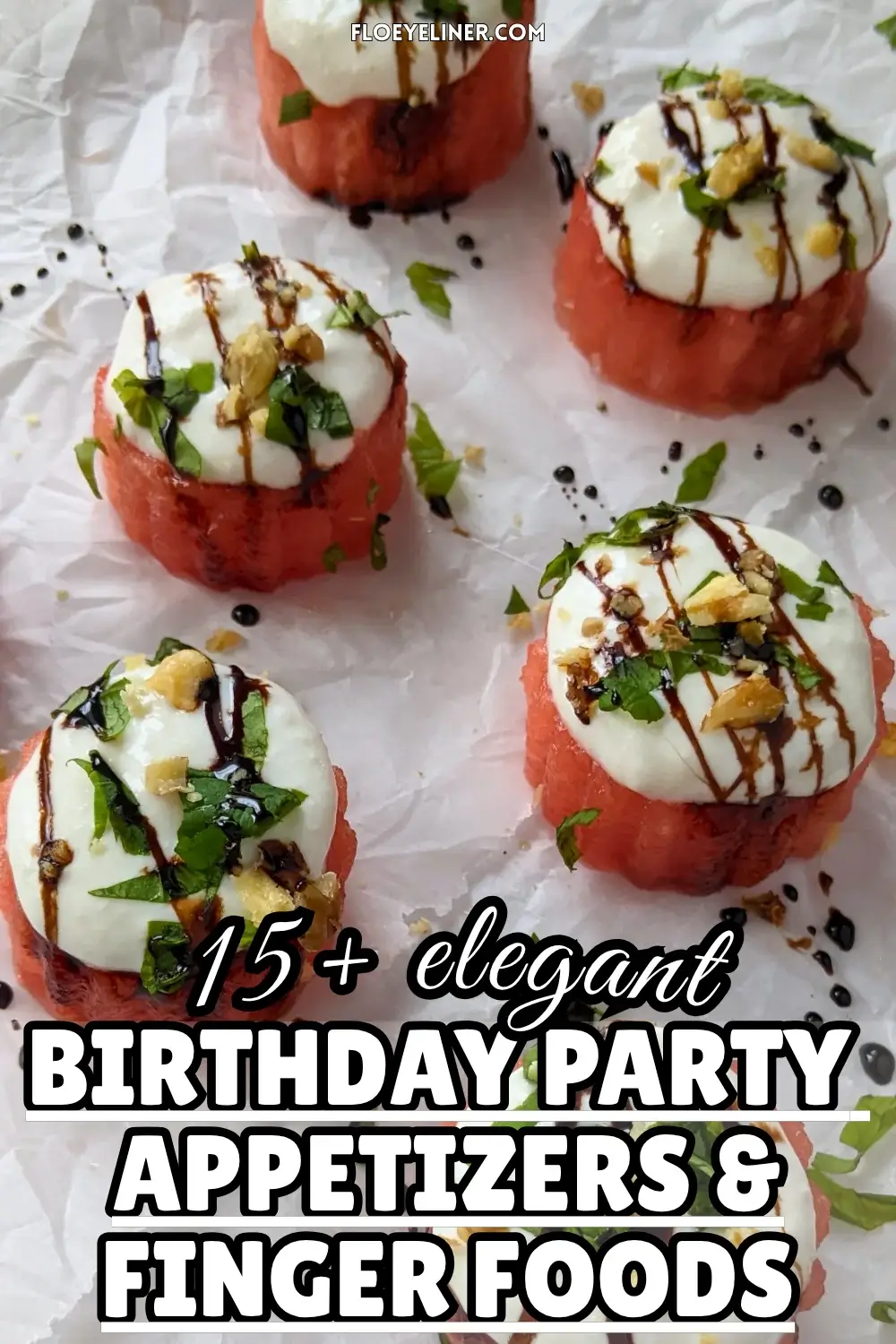 Watermelon Goat Cheese Appetizers - fresh watermelon bites topped with a whipped goat cheese-Greek yogurt cream, served with balsamic glaze, fresh mint, and crushed walnuts.