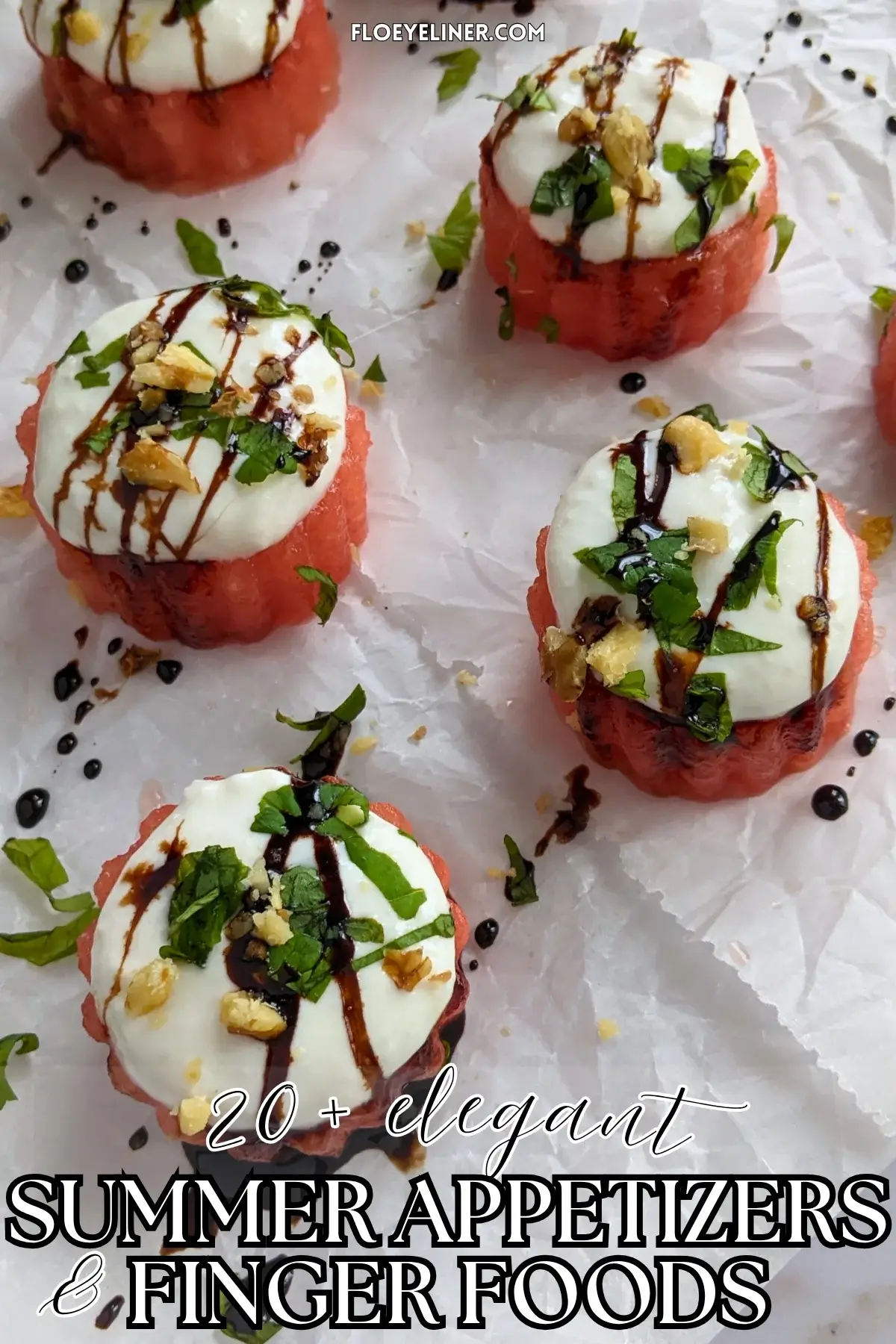 Watermelon Goat Cheese Appetizers - fresh watermelon bites topped with a whipped goat cheese-Greek yogurt cream, served with balsamic glaze, fresh mint, and crushed walnuts.