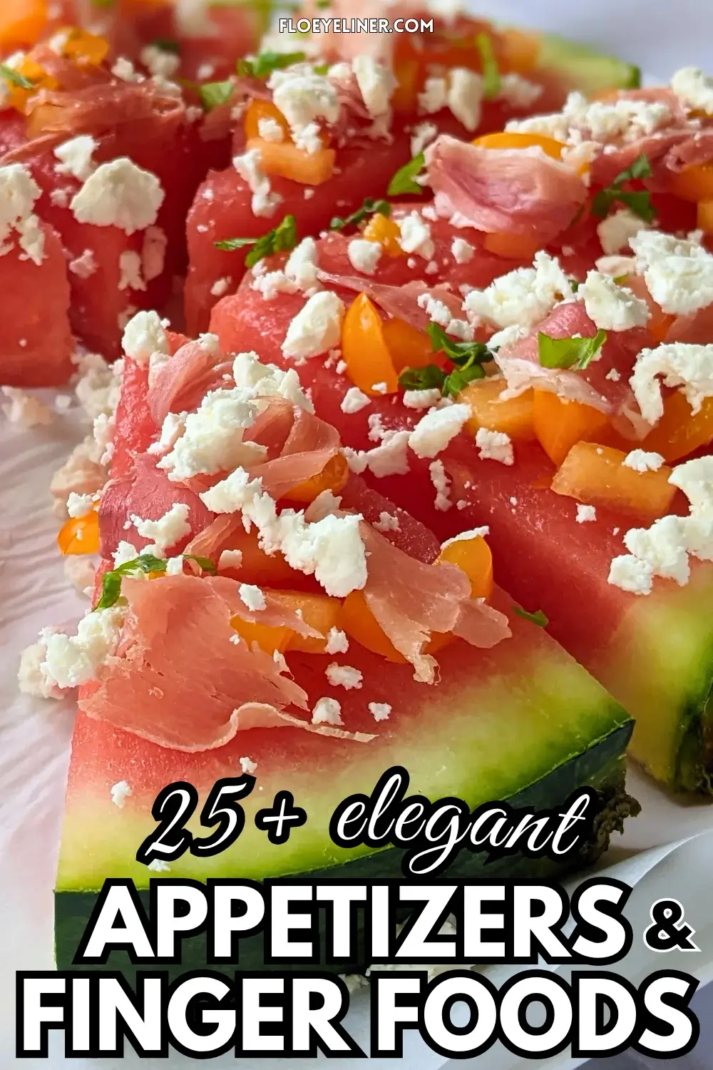Watermelon Pizza with Melon, Prosciutto, and Feta - savory watermelon pizza appetizer or snack on a base of a fresh watermelon slice, topped with torn prosciutto pieces, pieces of melon, crumbled feta, and shredded fresh basil.