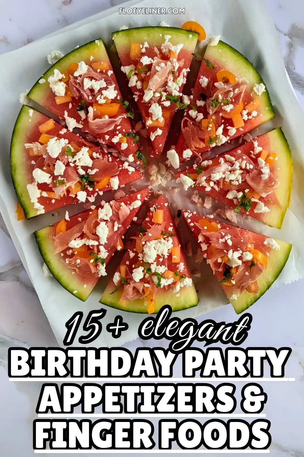 Watermelon Pizza with Melon, Prosciutto, and Feta - savory watermelon pizza appetizer or snack on a base of a fresh watermelon slice, topped with torn prosciutto pieces, pieces of melon, crumbled feta, and shredded fresh basil.