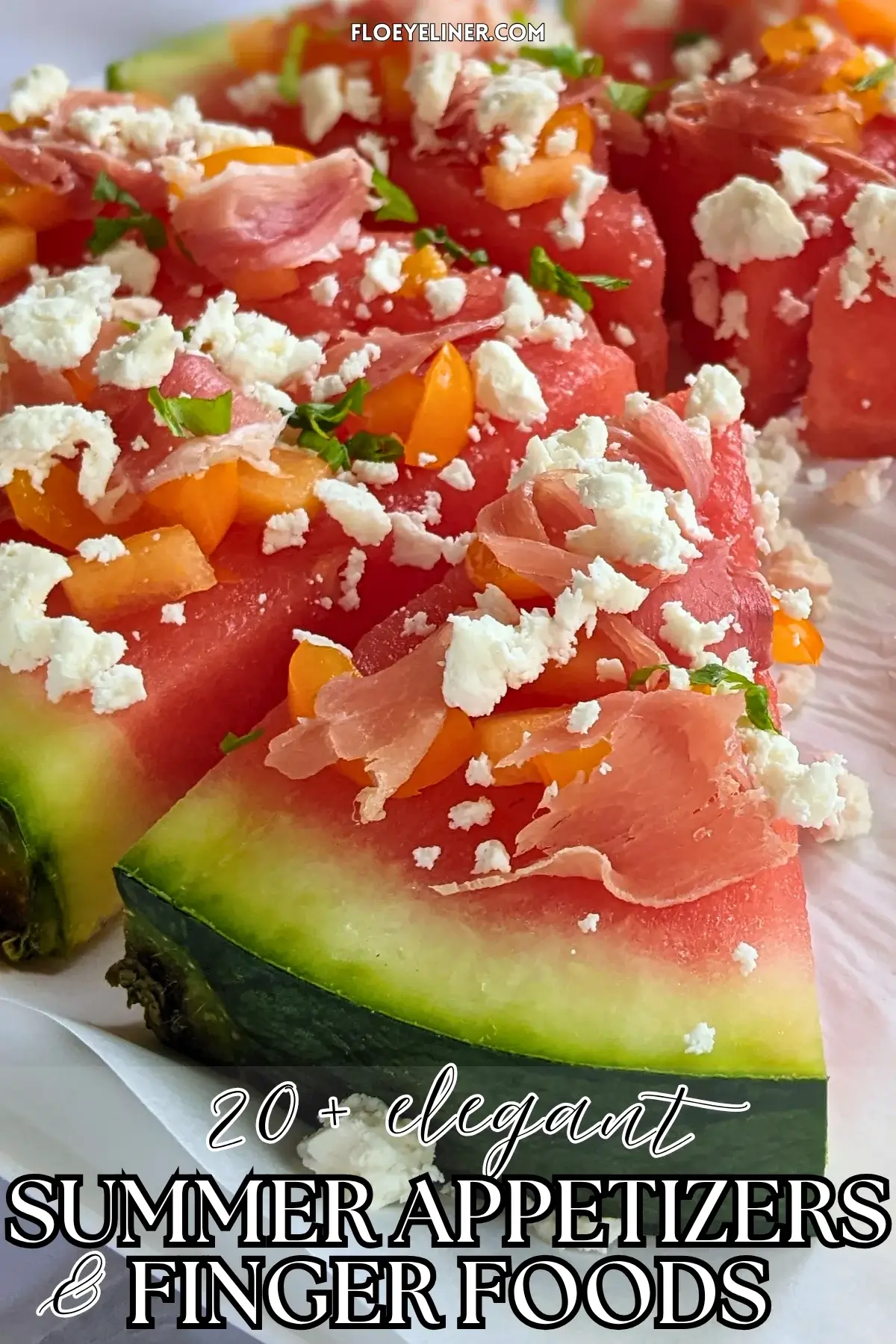 Watermelon Pizza with Melon, Prosciutto, and Feta - savory watermelon pizza appetizer or snack on a base of a fresh watermelon slice, topped with torn prosciutto pieces, pieces of melon, crumbled feta, and shredded fresh basil.