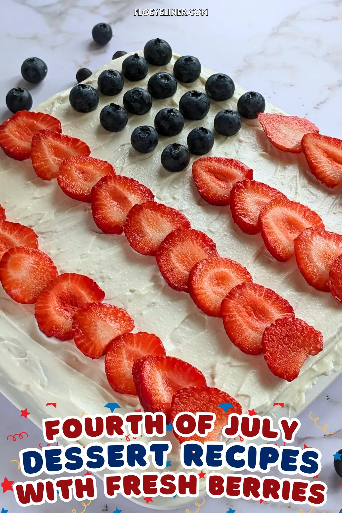 American Flag Sheet Pan Pancake - large sheet pan pancake decorated with a sweet ricotta frosting with strawberries for stripes and blueberries for stars, resembling the American flag.