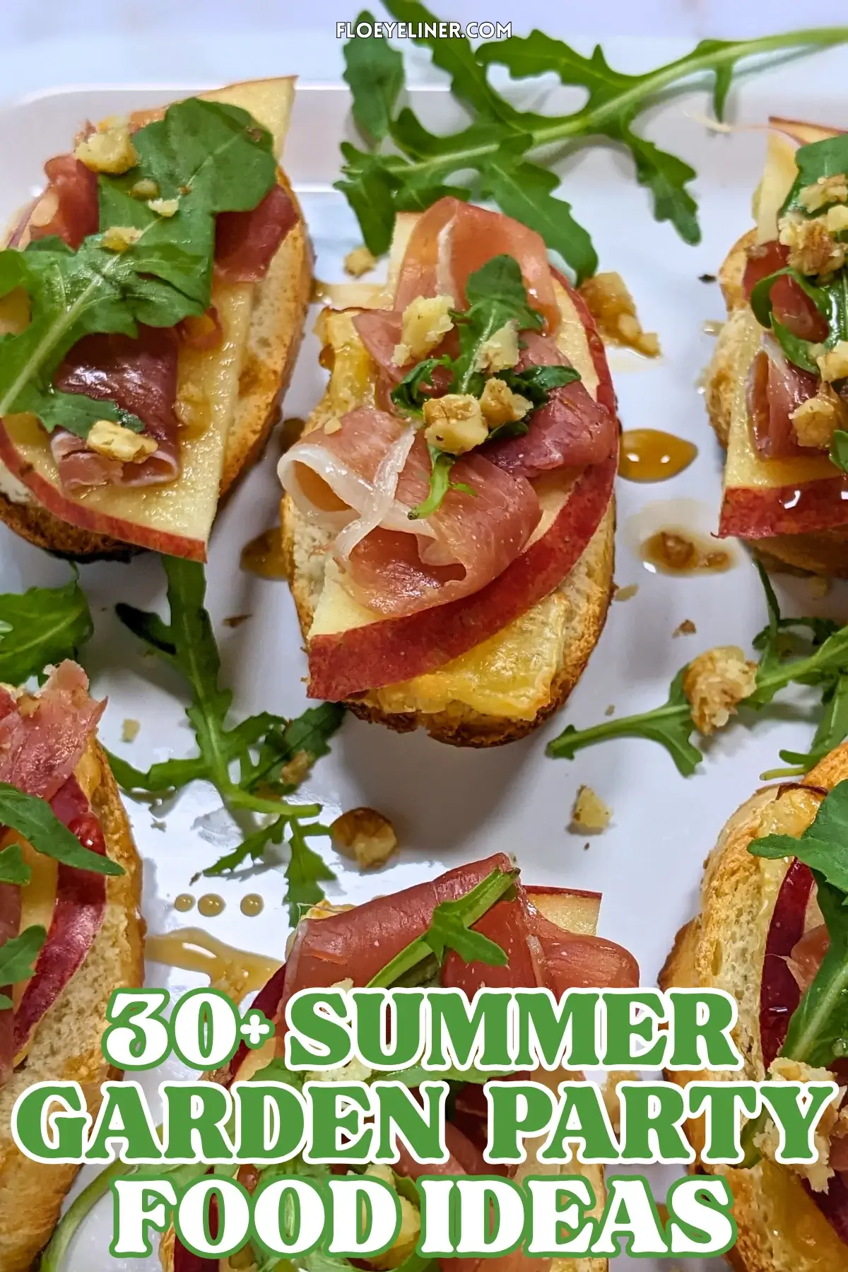 Apple and Brie Crostini Appetizers - Crostini appetizers with apple, Brie cheese, and serrano ham topped with arugula, crushed walnuts and maple syrup.