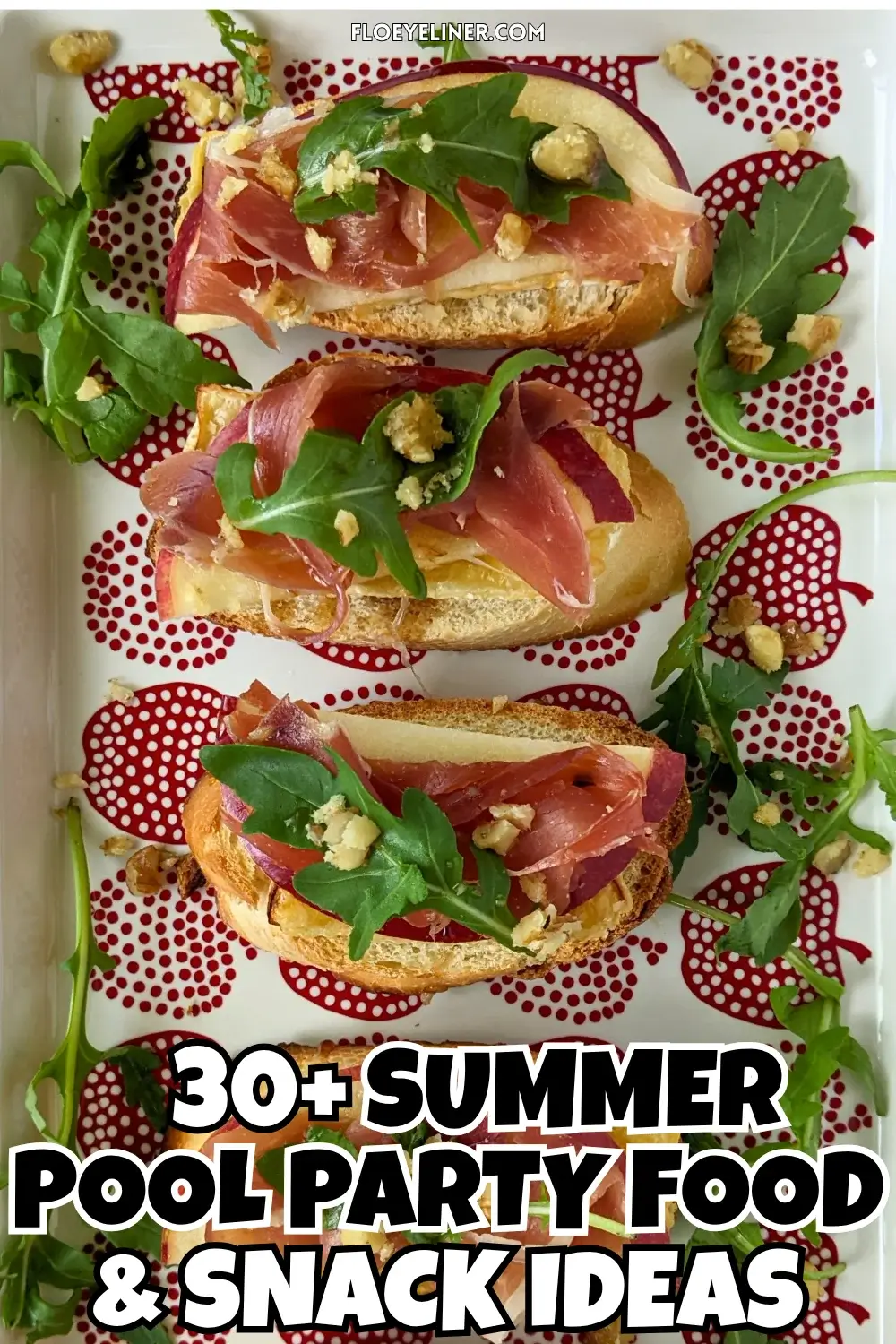 Apple and Brie Crostini Appetizers - Crostini appetizers with apple, Brie cheese, and serrano ham topped with arugula, crushed walnuts and maple syrup.