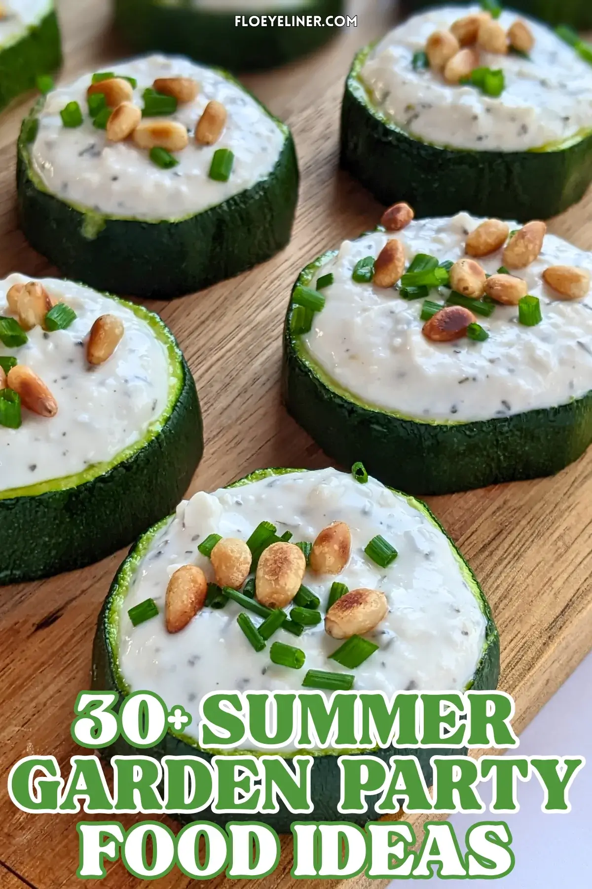 Baked Zucchini Rounds Appetizers With Goat Cheese - oven-baked zucchini rounds topped with a creamy goat cheese-Greek yogurt spread, toasted pine nuts, and fresh chives