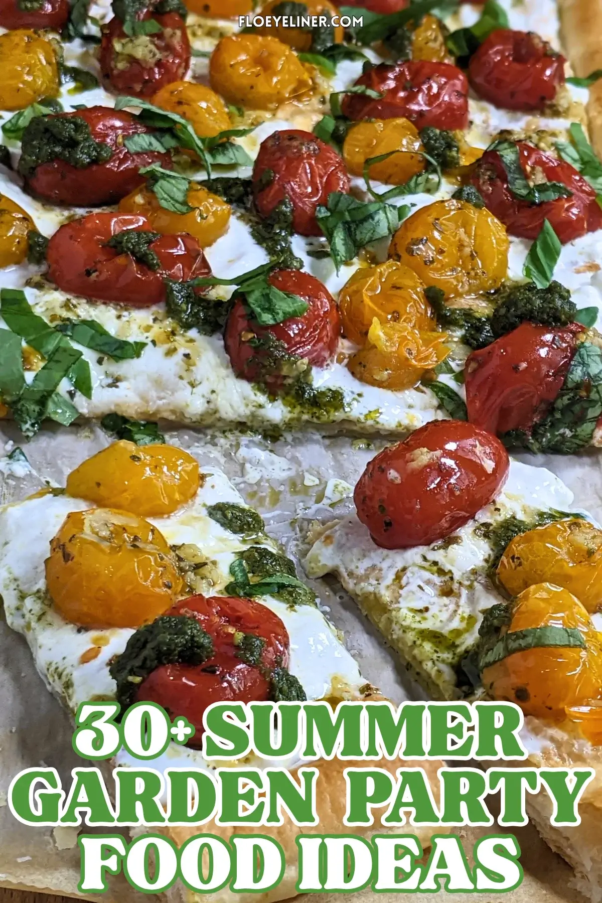 Cherry Tomato And Burrata Appetizer With Puff Pastry - Cherry tomato and burrata tart made with puff pastry, pesto, and fresh shredded basil, cut into individual servings.