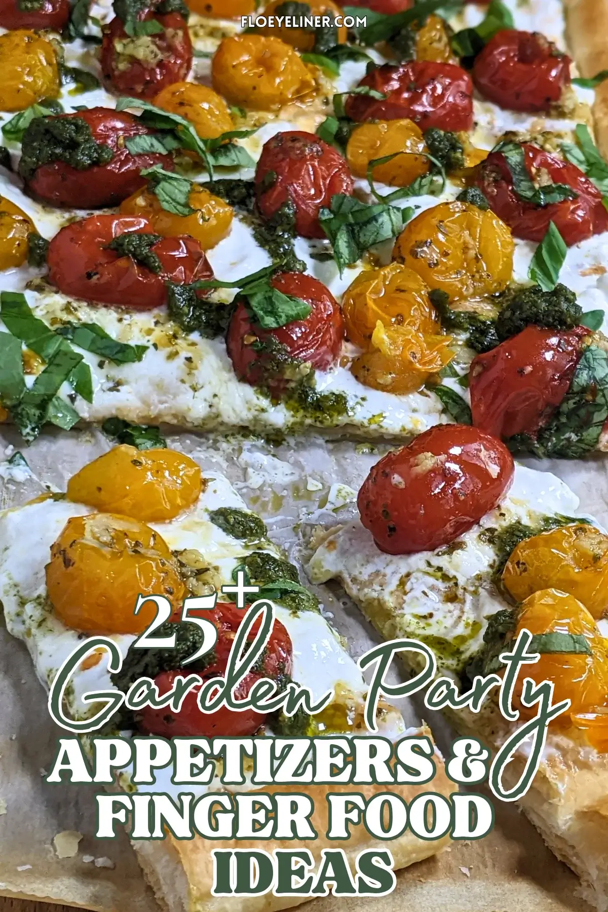 Cherry Tomato And Burrata Appetizer With Puff Pastry - Cherry tomato and burrata tart made with puff pastry, pesto, and fresh shredded basil, cut into individual servings.