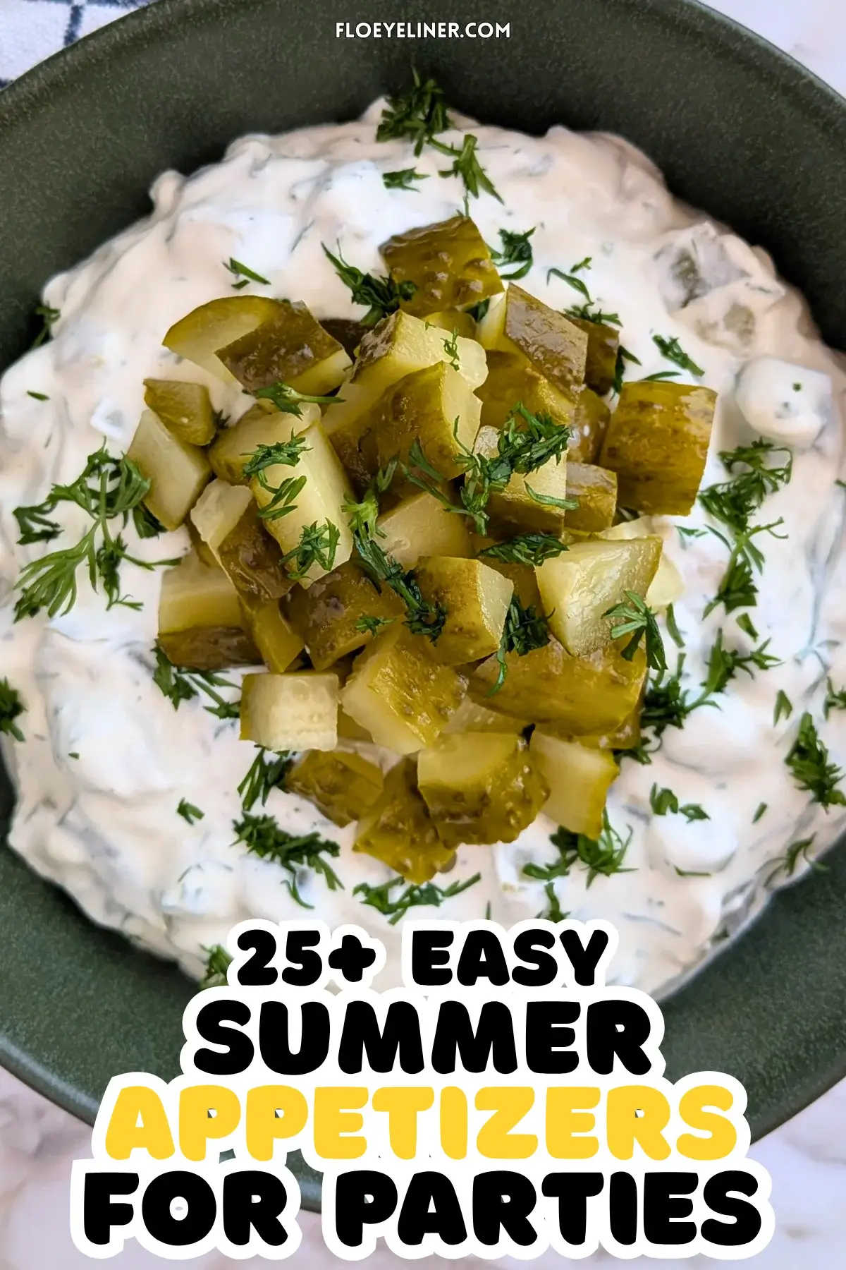 Dill Pickle Dip - creamy party dip made with sour cream, cream cheese, chopped dill pickles, fresh dill, and crushed garlic.
