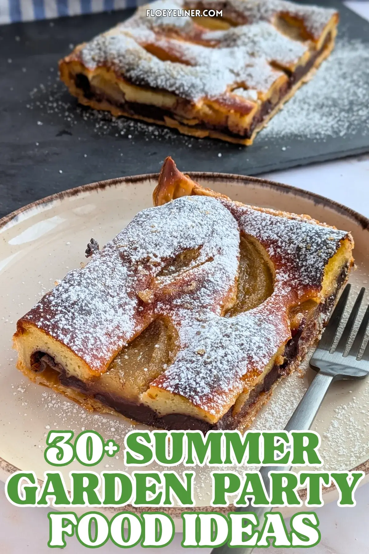 French Chocolate Tart With Pears - easy sweet dessert tart made with puff pastry, buttery melted dark chocolate, and topped with canned pears, sprinkled with powdered sugar for garnish.