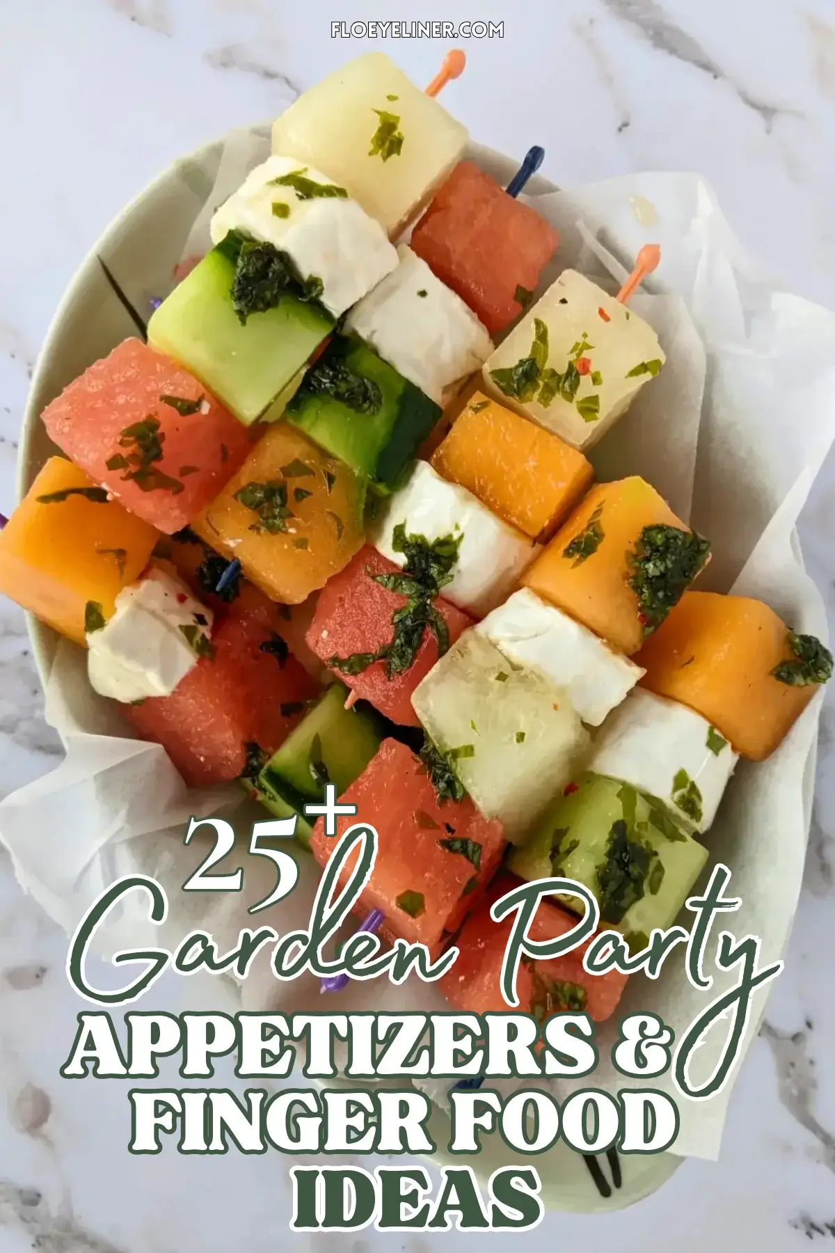 Goat Cheese Toothpick Appetizers With Melon, Watermelon, and Cucumber - colorful fruit and cheese skewers made with cubes of melon, watermelon, cucumber, and goat cheese, drizzled with a spicy mint vinaigrette.