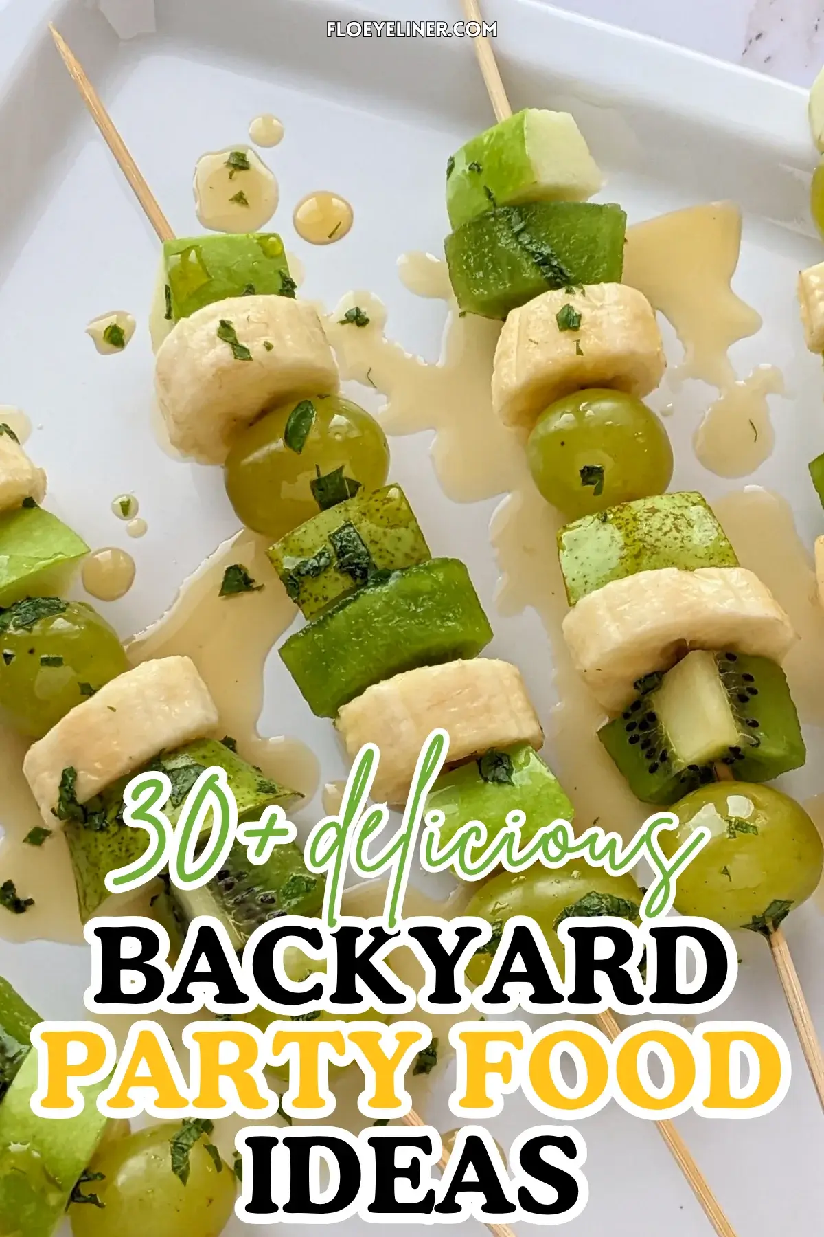 Green Fruit Kabobs - fruit skewers made with chunks of green fruits like kiwi, grapes, green apple, and green pear, plus chunks of bananas, drizzled with a fresh mint, lime juice, and maple sryup sauce.