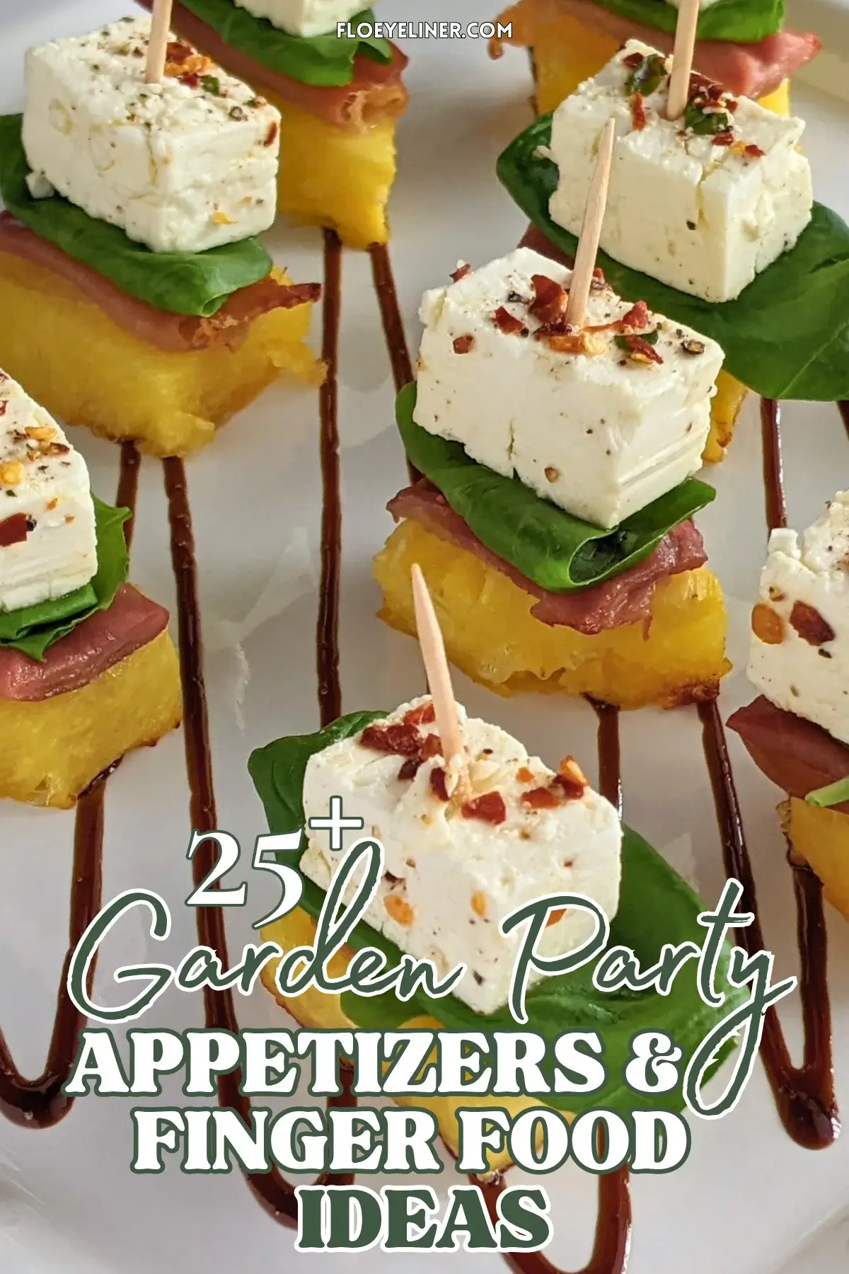 Grilled Pineapple and Marinated Feta Toothpick Appetizers - colorful fruit and cheese skewers made with fresh basil leaves nestled between prosciutto topped grilled pineapple and chili-thyme oil marinated feta cubes on toothpicks.