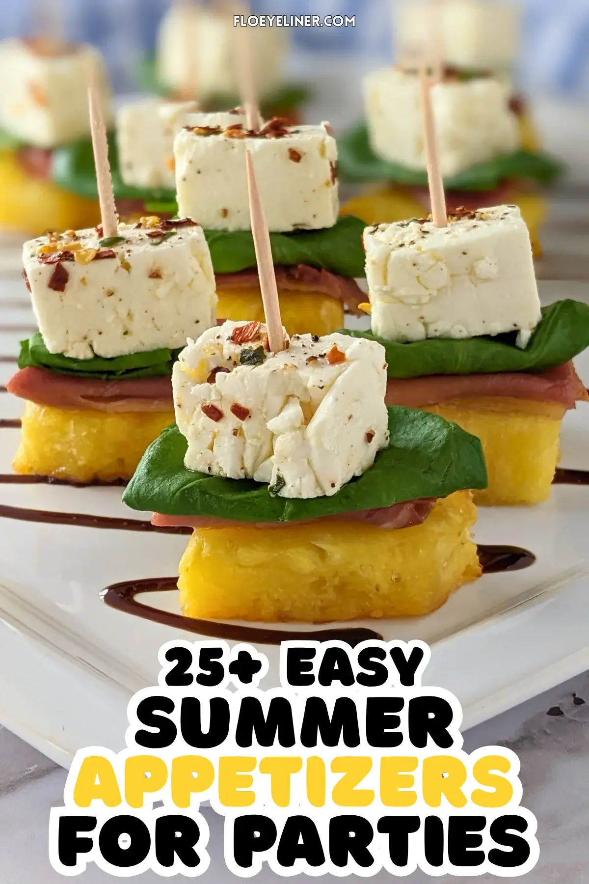 
Grilled Pineapple and Marinated Feta Toothpick Appetizers - colorful fruit and cheese skewers made with fresh basil leaves nestled between prosciutto topped grilled pineapple and chili-thyme oil marinated feta cubes on toothpicks.
