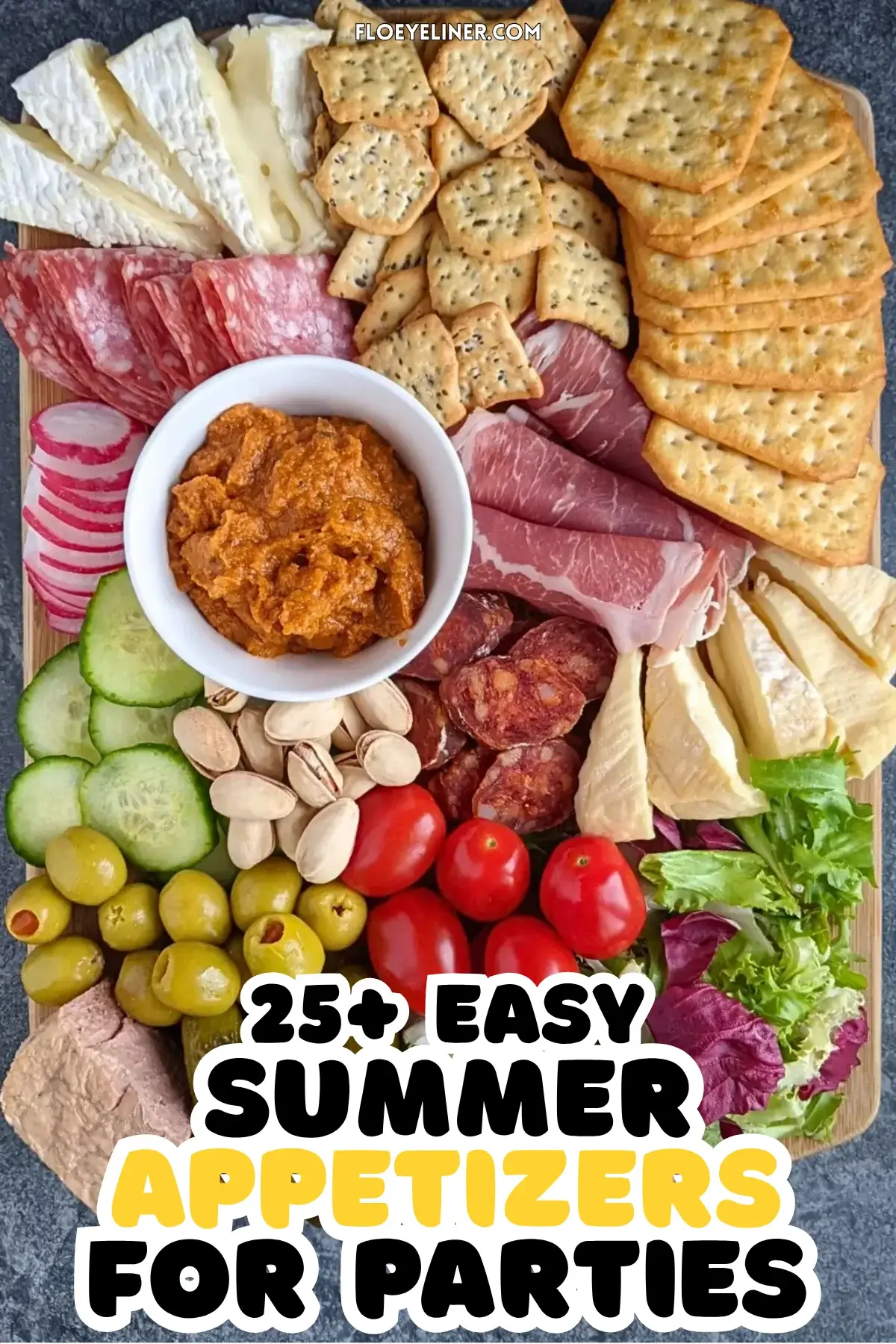 Healthier Charcuterie Appetizer Board - A healthier charcuterie appetizer board featuring fresh vegetables, soft cheeses, sliced meats, and pickled bites on a rustic board.