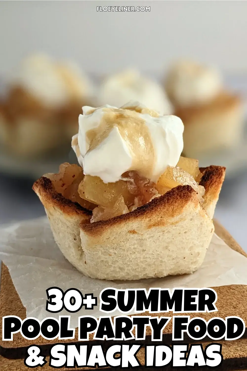 Homemade apple sauce dessert toast cups with whipped cream - Toasted bread cups filled with creamy ricotta, applesauce and finished with a swirl of whipped cream.