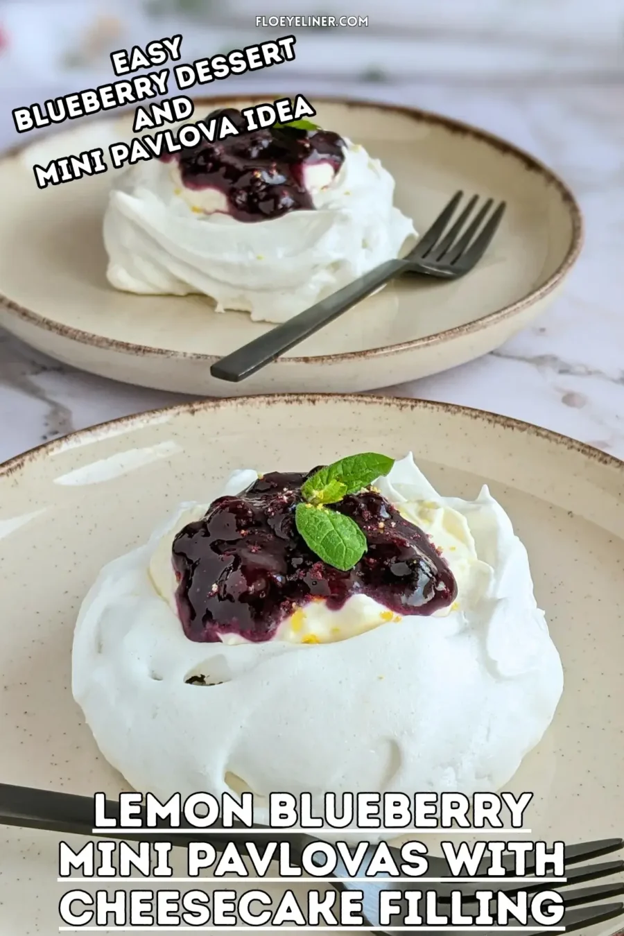 Lemon Blueberry Mini Pavlovas With Cheesecake Filling - mini pavlova nests filled with homemade lemon blueberry jam and a lemony cheesecake filling, topped with more blueberry jam and lemon zest for garnish.